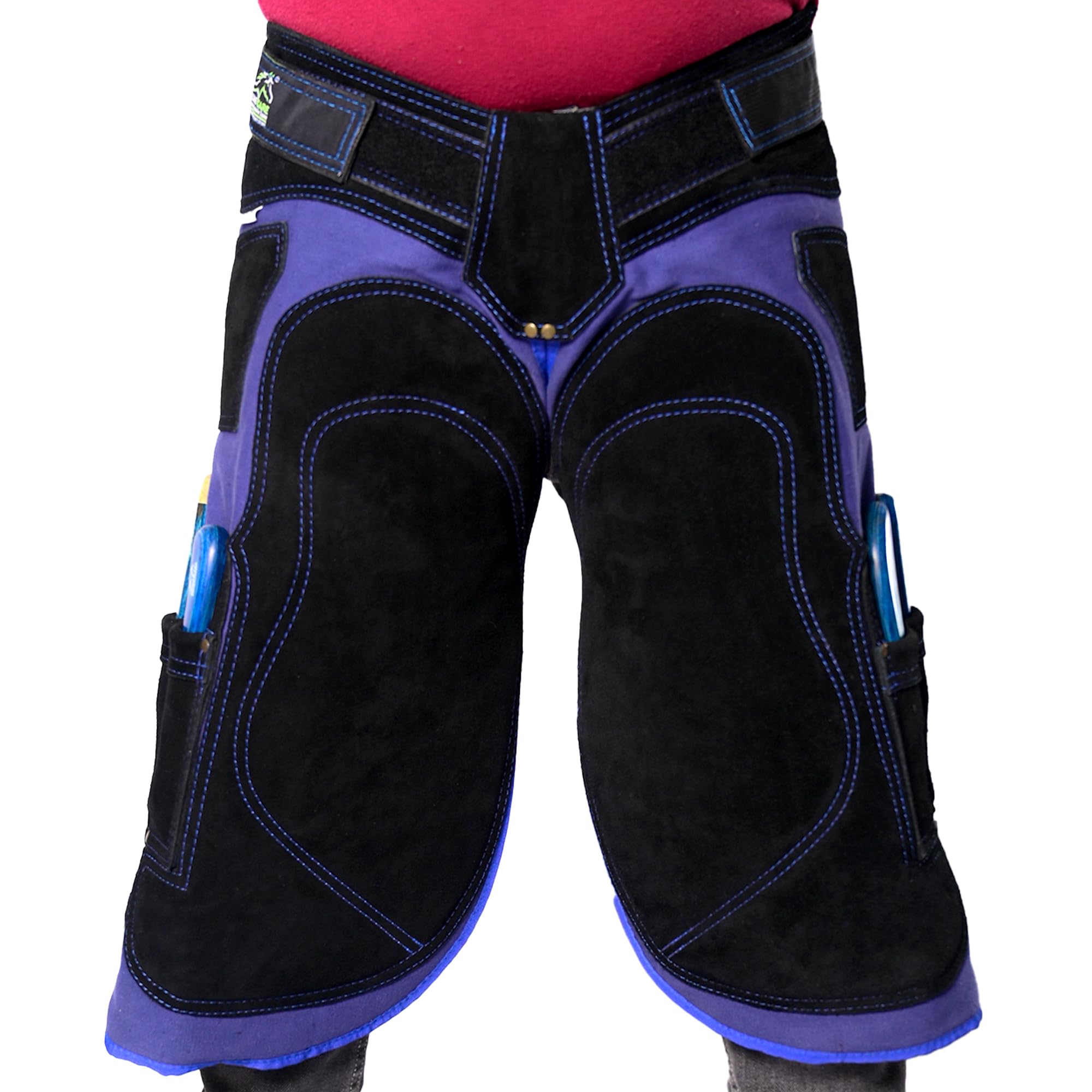 Equine Care Grembiule, grembiule con 4 tasche per coltelli e 2 calamite per chiodi, in pelle e tela, lunghezza 65 cm, colore: blu e nero