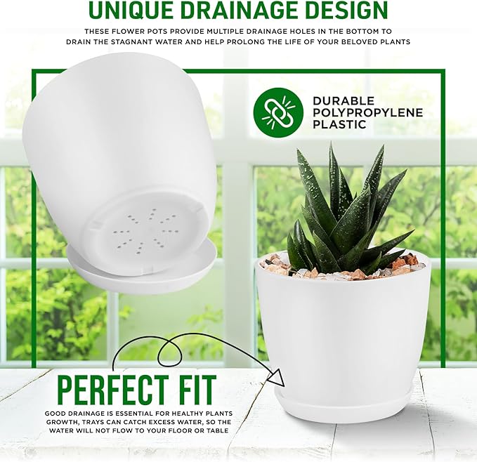 The Eco-friendly Plant Pot Set includes a total of 10 plastic pots in assorted sizes, ranging from 4.8 inches to 7 inches in diameter. These pots are designed for indoor and outdoor use, making them a versatile option for adding greenery to your home or garden. Each pot features drainage holes to prevent waterlogging and promote healthy plant growth.
