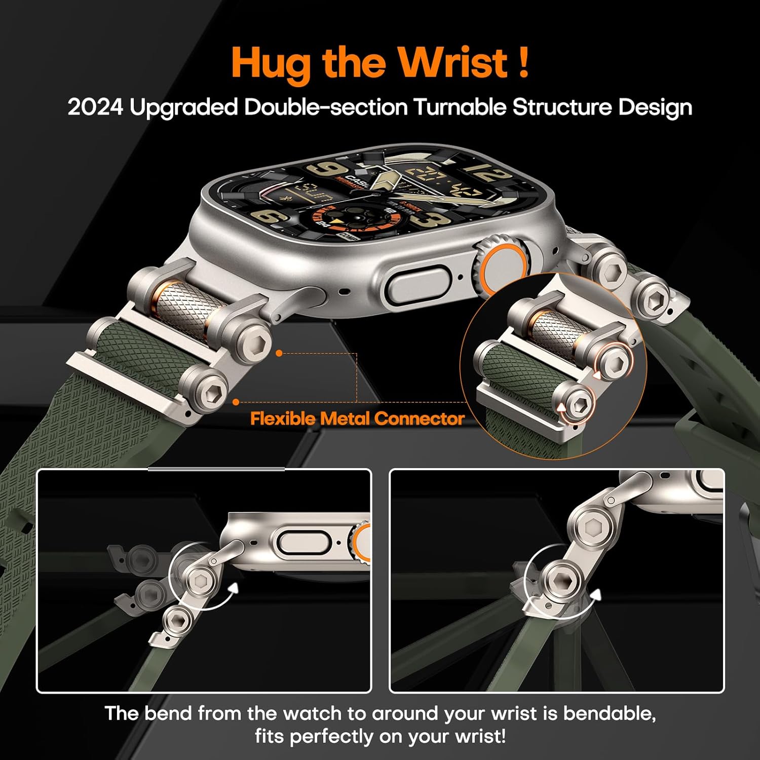 TAURI Silicone Band for Apple Watch Bands SE/Series 9/8/7/6/5/4 44/45mm [Stainless Steel Metal Connector + Liquid Silicone Strap] for iWatch 45mm/44mm Adjustable Band Men Women, Army Green