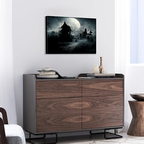 Miniatura 102 de Denozer Lienzo decorativo para pared de Halloween, castillo de terror de 32 x 24 pulgadas, decoración de pared de luna, decoración de otoño de Obra