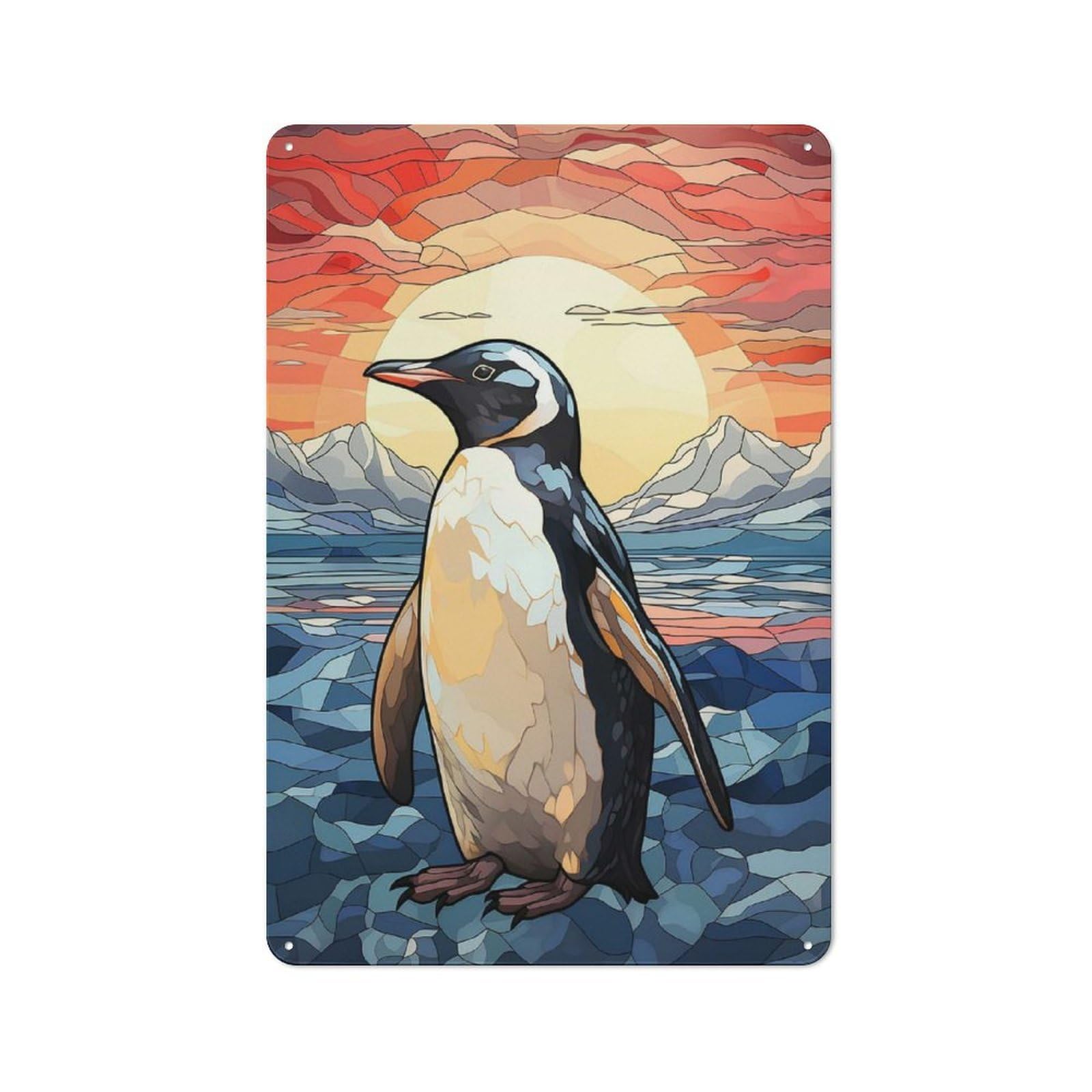Junmoney Style-6 Penguin Stained Glass Retro Tin Wall Plaque 30X20cm For Home Office Or Studio, For Cooler-Month Interiors With Retro Character