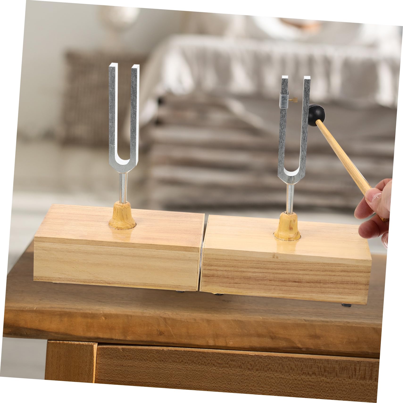 Diapason di Risonanza 440hz, Set da 1 per Esperimenti | Acciaio e Legno, Martello Incluso, Base in Legno Rotonda, Uso per Fisica e Acustica