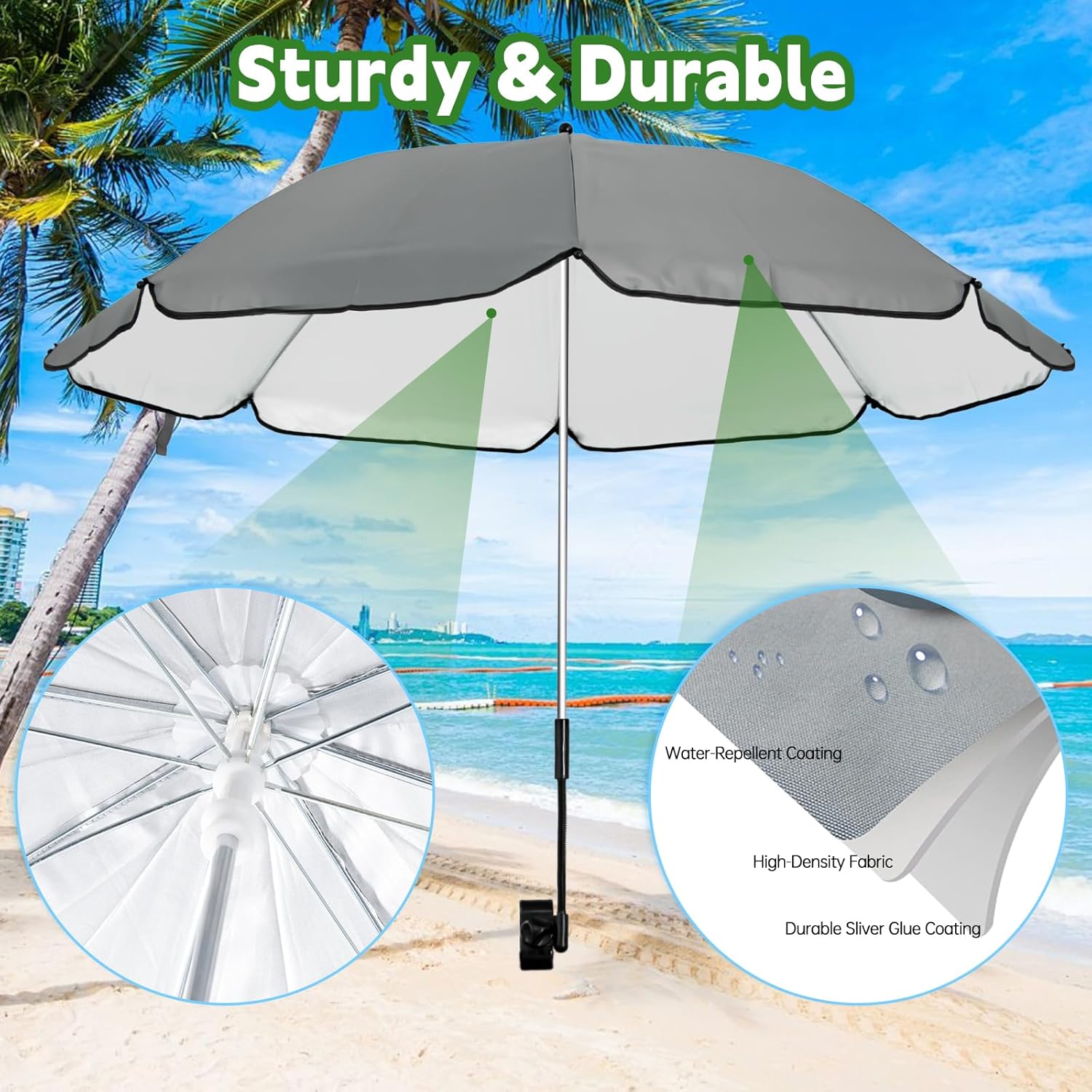 UPF 50+ Wagon Umbrella with Universal Clamp, Adjustable Lounge Wagon Umbrella Attachment, Lightweight for Easy to Carry, Portable Clamp on Camping or Beach Chair, Stroller, Golf cart
