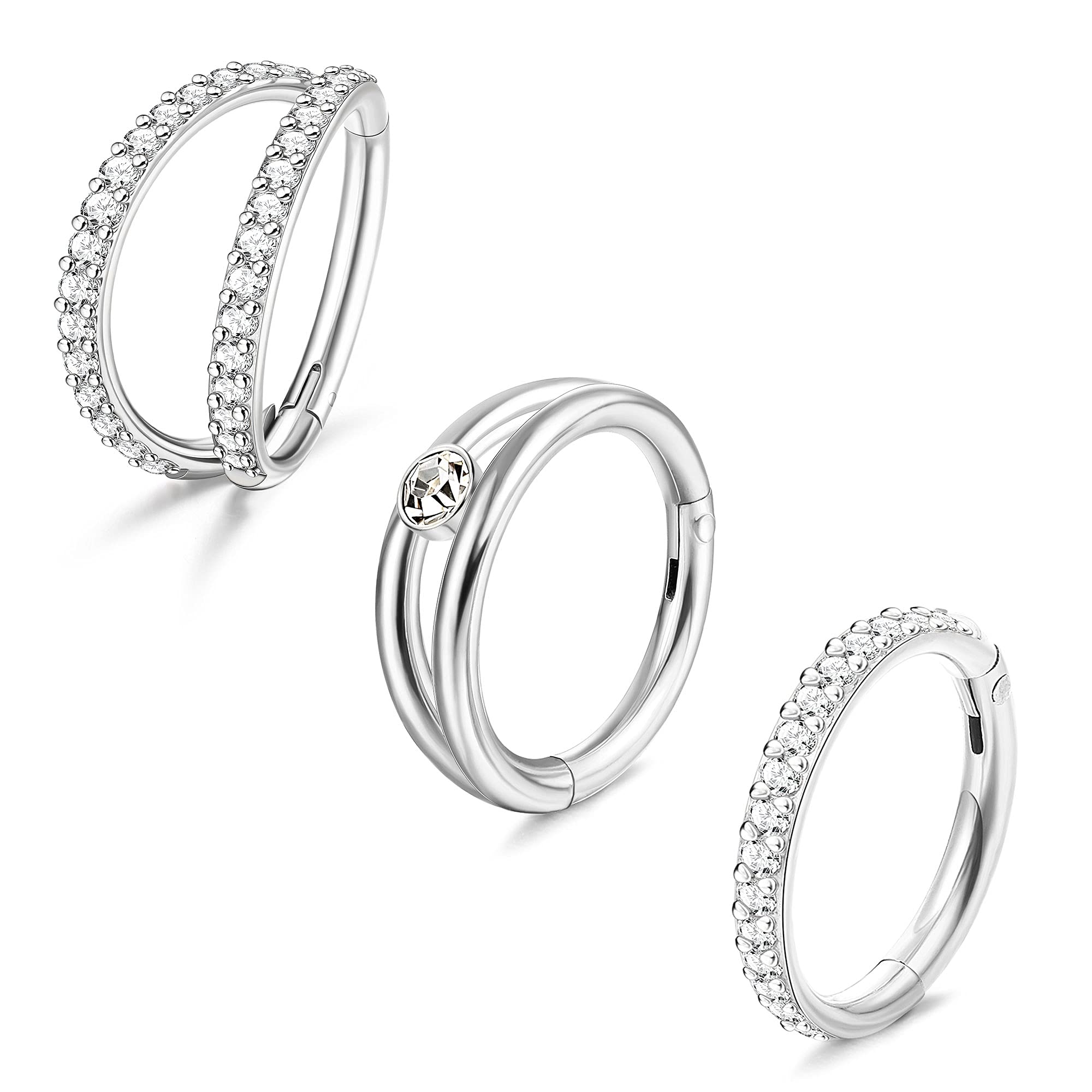 JeweBella 3PCS 16G 316L Acero Qirurgico Body Piercing Helix Segmento Clicker Clear CZ Pavimentado Cartílago Pendientes Aro Tragus Daith Nariz Piercing para Mujer Hombre 8-10MM