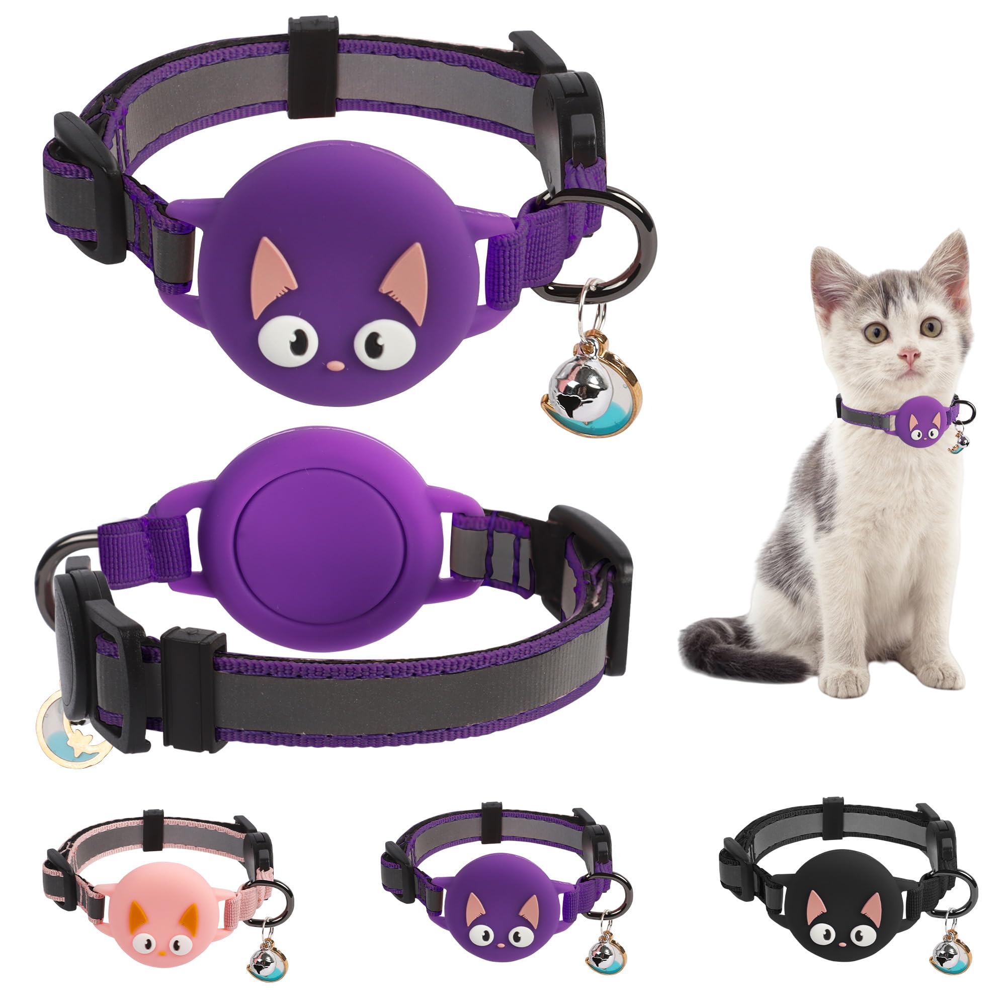 Plliocse Cat Collar Reflective Kitten Collar, Cute Quick Release Cat Collars with Bell and Slot for Boys Girls Cats Kittens (Purple)