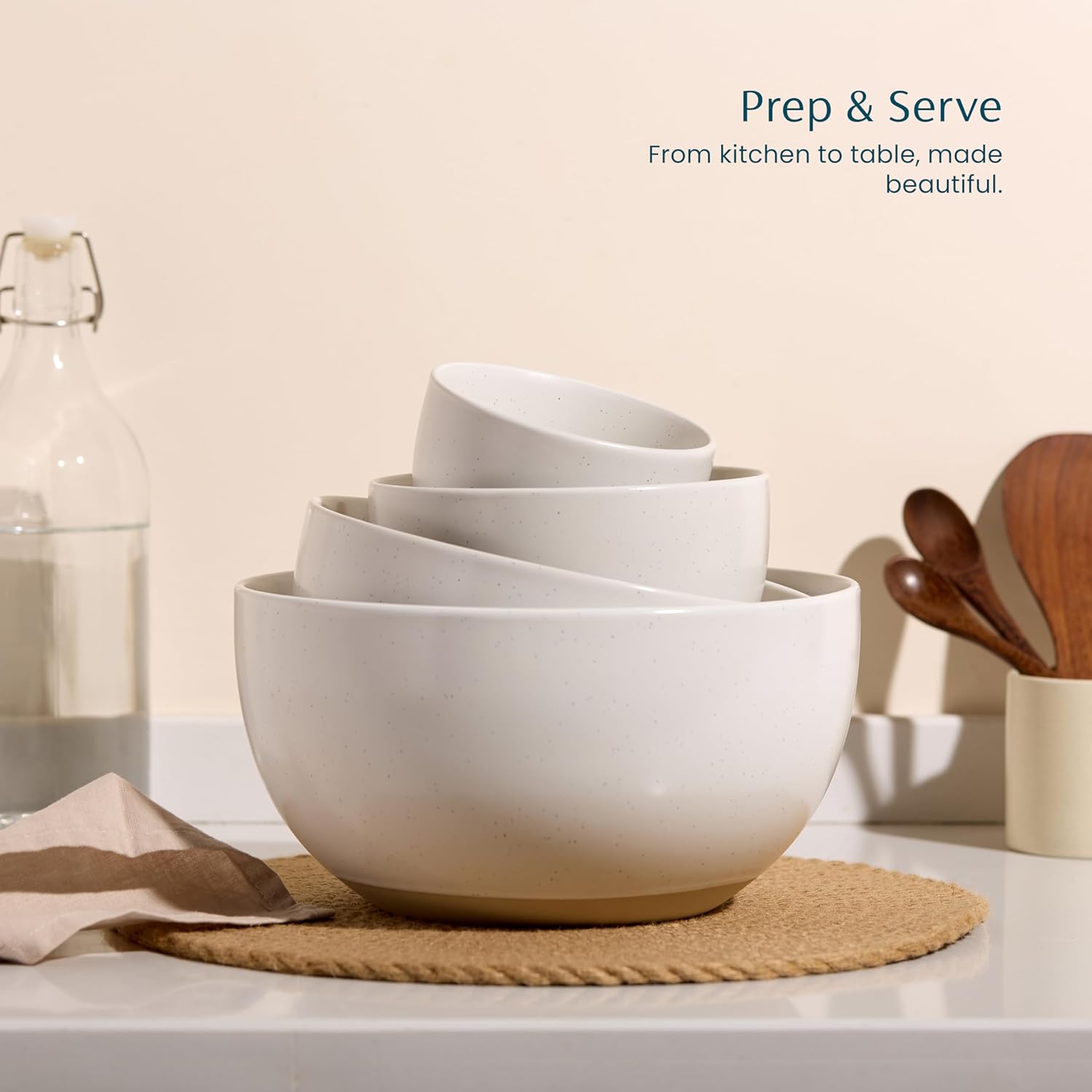 KooK Mixing Bowls, Ceramic Nesting Bowls, Stoneware Kitchen Bowls, For Prep, Serving, Dishwasher Safe, 18/40/90/140 oz, Set of 4, Moonstone - Image 2