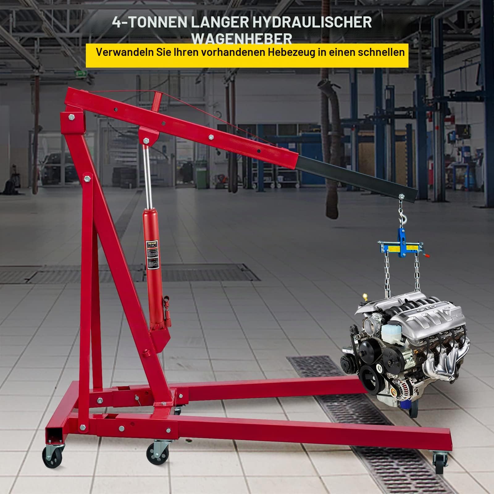 VEVOR Hydraulischer langer Rammheber, 4 Tonnen/8818 lbs Tragfähigkeit, mit Einzelkolbenpumpe und flacher Basis, manueller Hubarbeitsbühnenheber mit Griff, für Garagen-/Ladenkräne, Motorhebevorrichtung