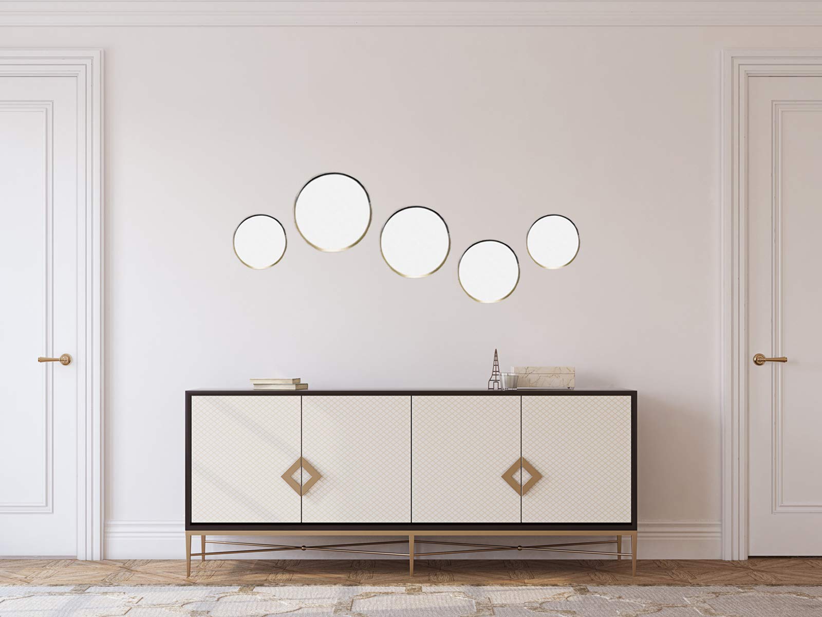 Set di 5 specchi decorativi da parete – cornice rotonda in nero e oro – con magnete per incollare senza forare