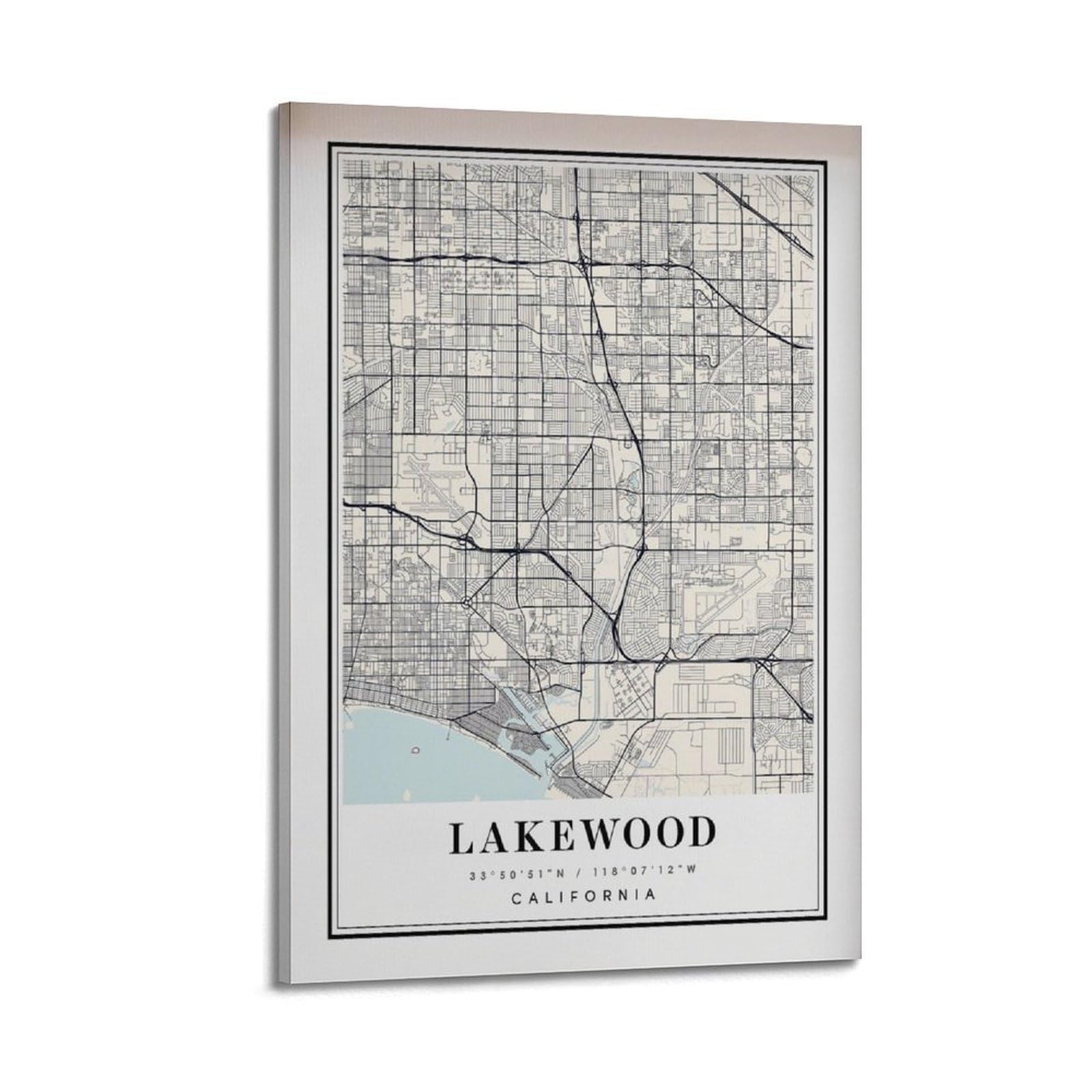 xiaoxiaoshen Lakewood CA Map Canvas Poster Wall Art Prints Room Aesthetic Murals Bedroom And Living Decorations 24x36inch(60x90cm)