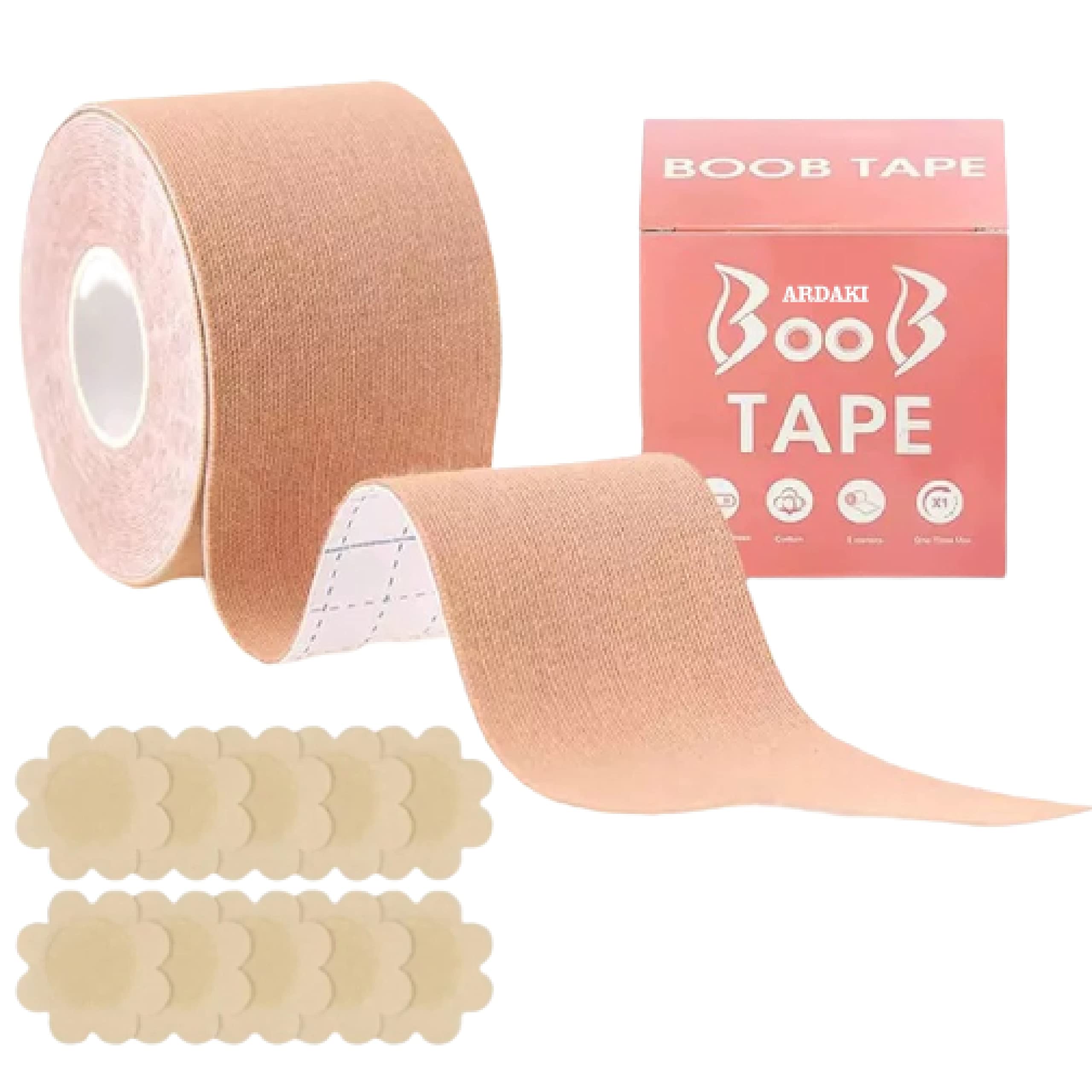 Boob Tape Kit-1 Boobstape Roll for Breast Lift | 10 Nipple Pasties | 36 Strips Double Sided Body Tape for Clothes | 1 Pair Reusable Nipple Cover for Women Clothing & Accessorie (BREAST TAP)