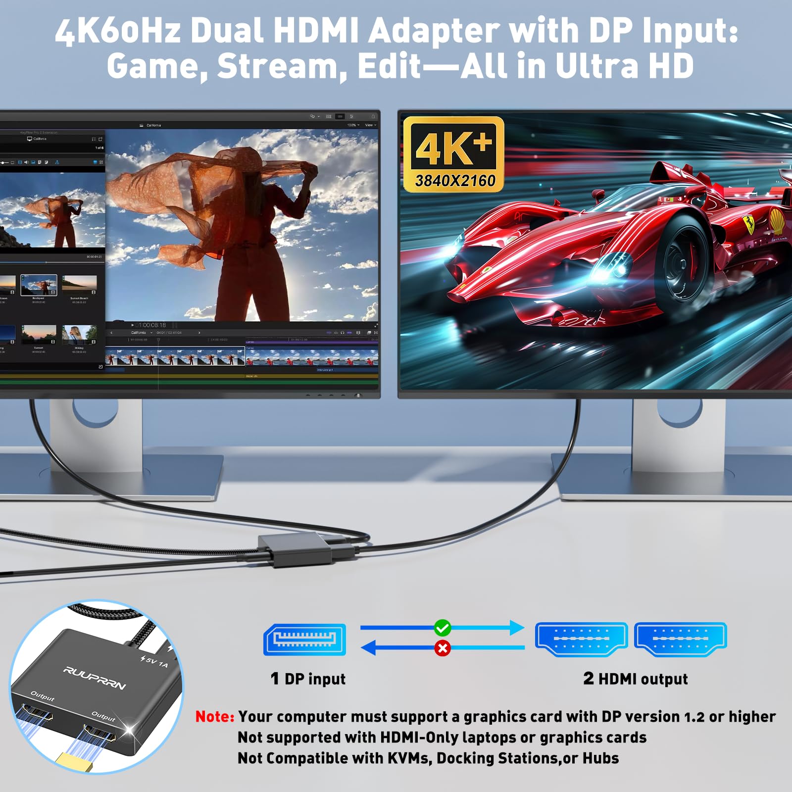 Adaptateur DisplayPort vers double HDMI 4K @ 60 Hz, source DP 1.4 vers HDMI 2.0 pour deux écrans, répartiteur DisplayPort vers HDMI 1 entrée 2 sorties écran étendu, pour PC, NVIDIA, carte