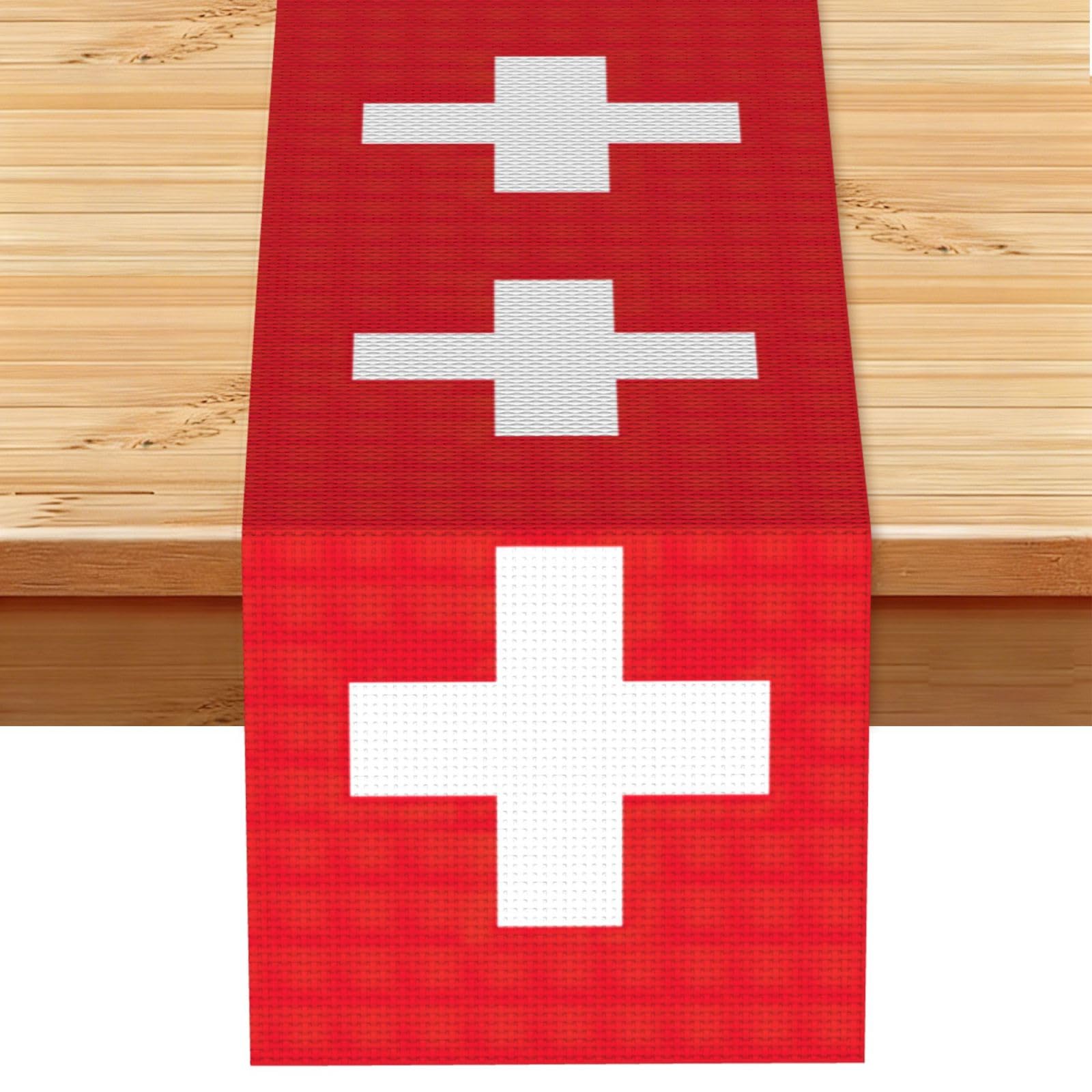Swiss Flag Printed Table Runner 13 x 72, Wrinkle Resistant Decor for Dining Table Coffee Table Fireplace