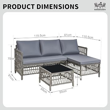 rattanstar Outdoor Rattan Garden Furniture Sets, 4-Seater L-Shaped Sectional Corner Sofa Set, Patio Furniture Set with Chaise Lounge, Loveseat, Glass Coffee Table for Balconies Terraces Backyards