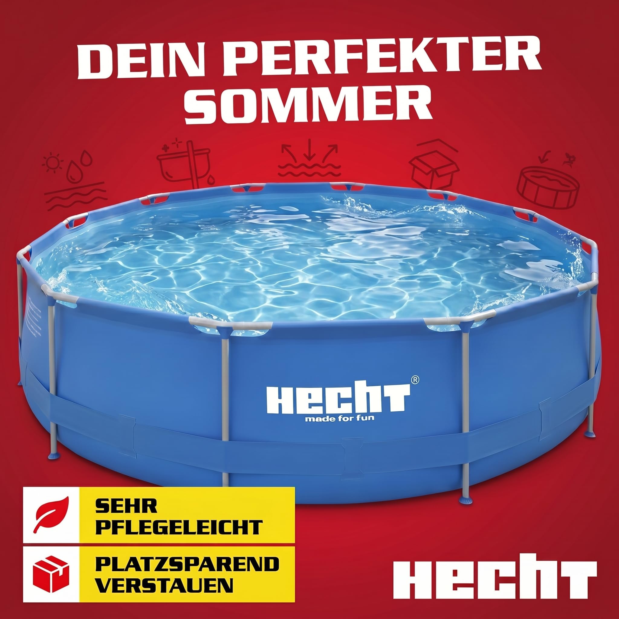 Hecht Stahlrahmen Pool Swimmingpool 360 x 76 cm 300 x 76 cm Familienpool rund Metallrahmen XXL Outdoor Pool 4.383 Liter