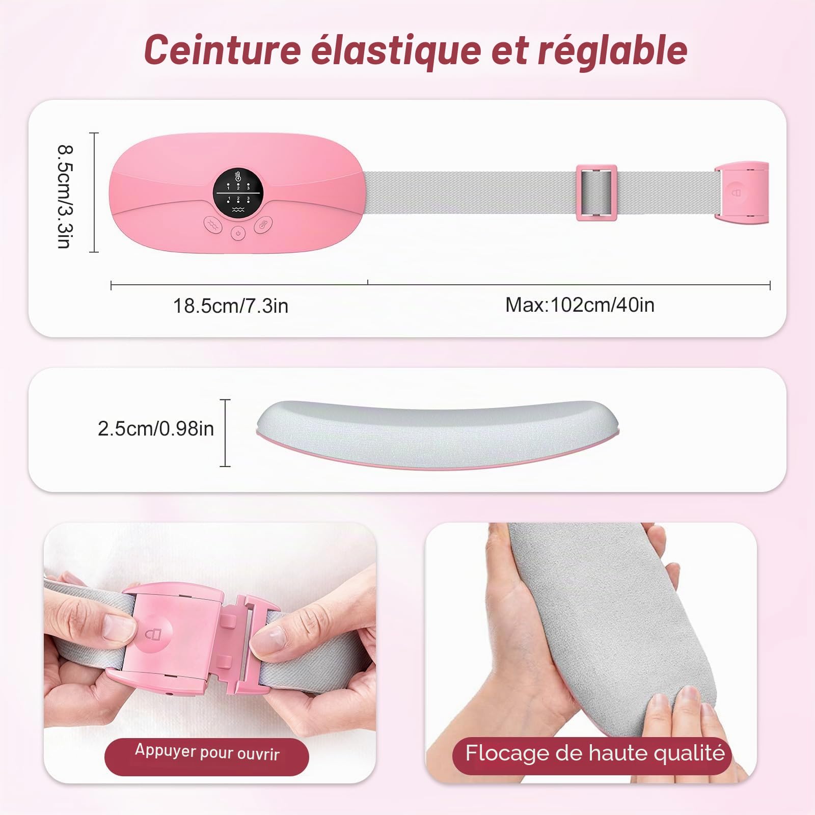 Coussin chauffant portable - Ceinture chauffante pour périodes avec 3 températures réglables et modes de vibration - Soulagement des douleurs au dos, au ventre et à l'estomac (rose)