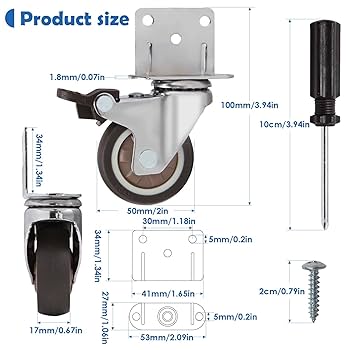Ruotelle Per Mobili Pesanti Con Freno - 50mm, Capacità 270kg, Gomma TPR, Set Di 4 Con Viti
