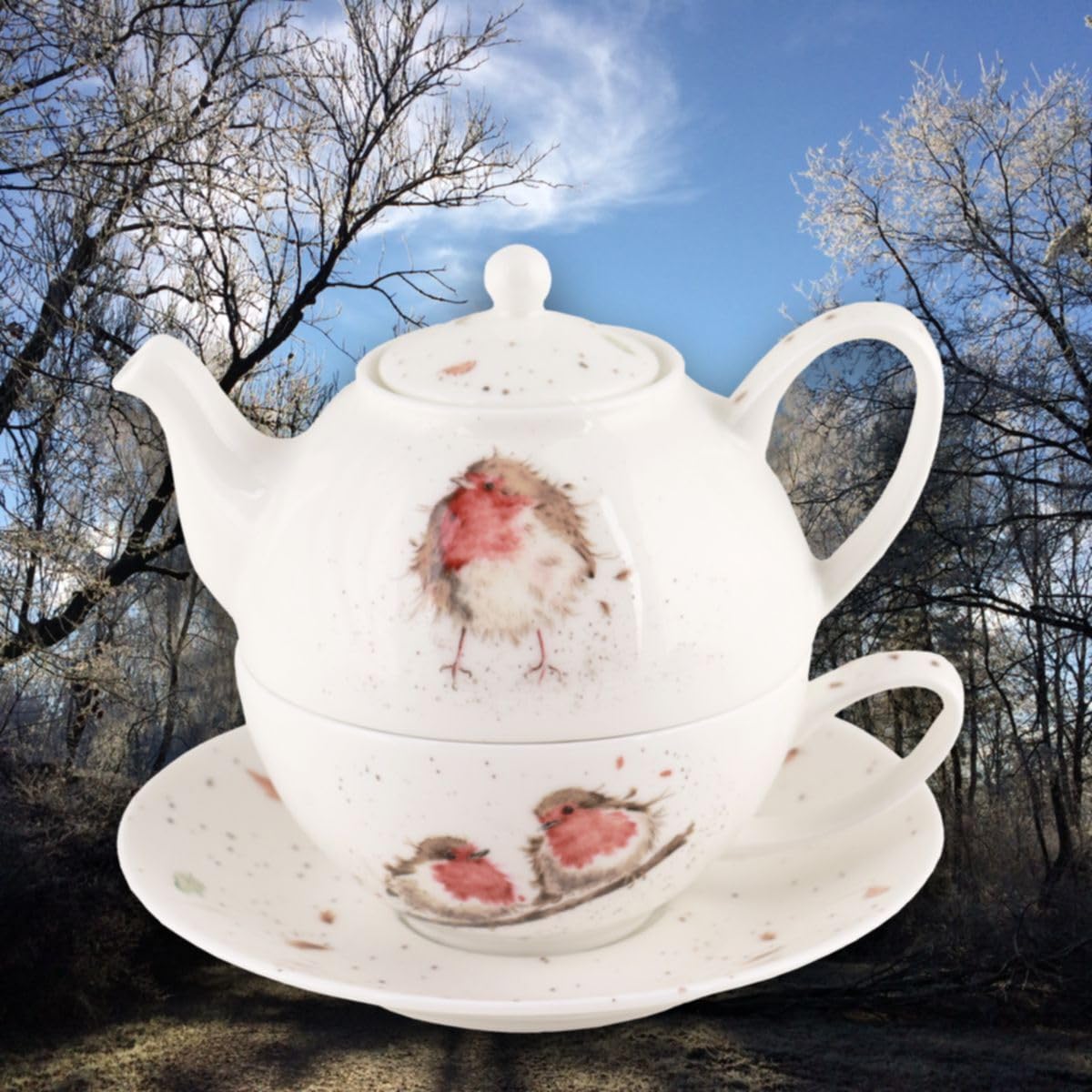 Wrendale Designs Porzellan Tee Set Tea-for-One Rotkehlchen Kanne mit Deckel ca. 410 ml, Tasse ca. 200 ml & Untere Motiven von der britischen Künstlerin Hannah Dale als Geschenk & zum selbst genießen
