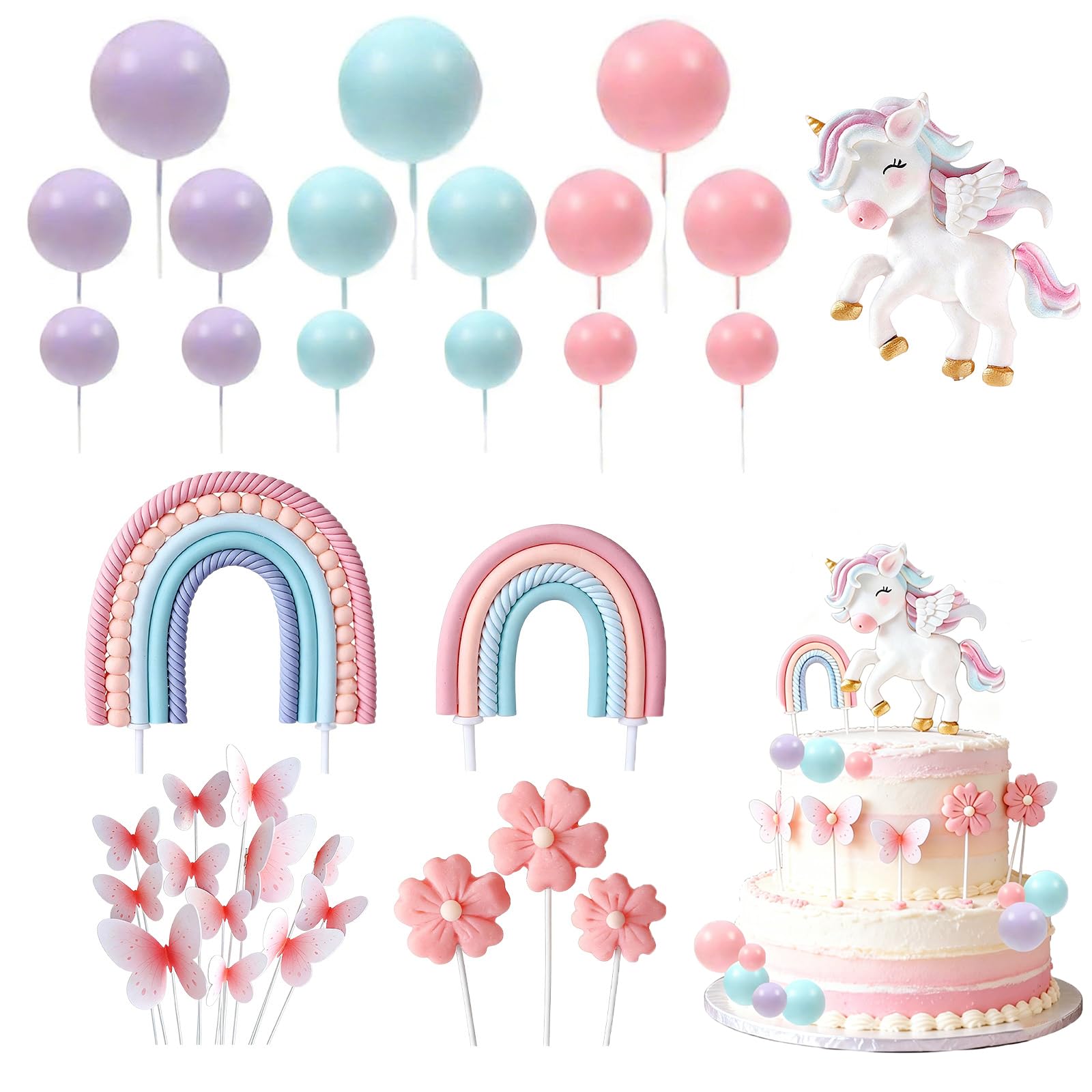 Unicorn Cake Topper,33 Pcs Unicorn Cake Decoration Rainbow Cake Topper,Unicorn Birthday Decorations Cake Decoration for Girls Boys Kids Birthday Party Baby Shower Supplies