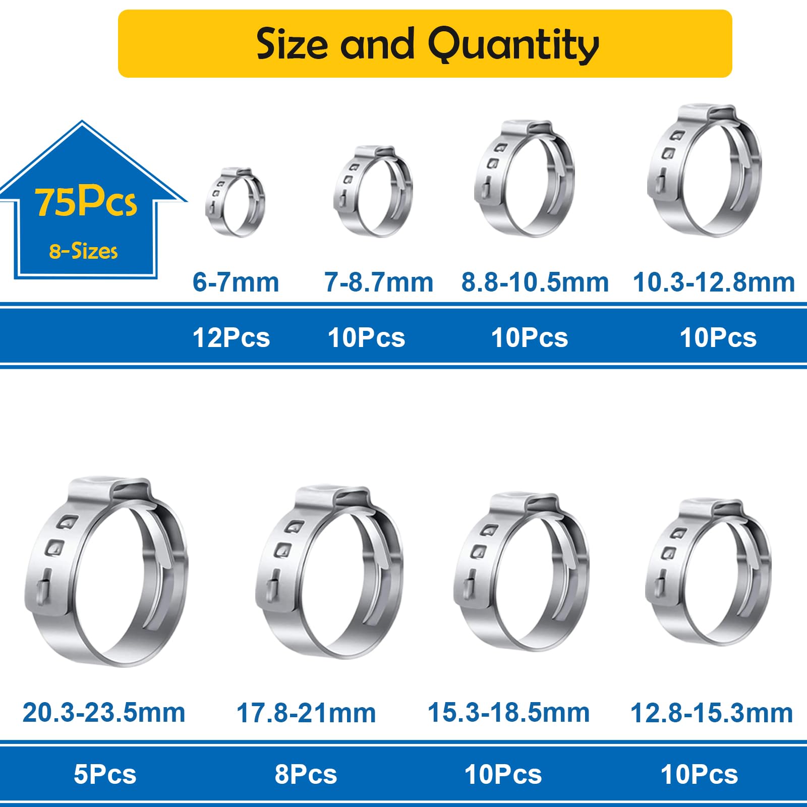 75Pcs 8-Sizes 304 Stainless Steel Single Ear Hose Clamps With Ear Clamp - View #7