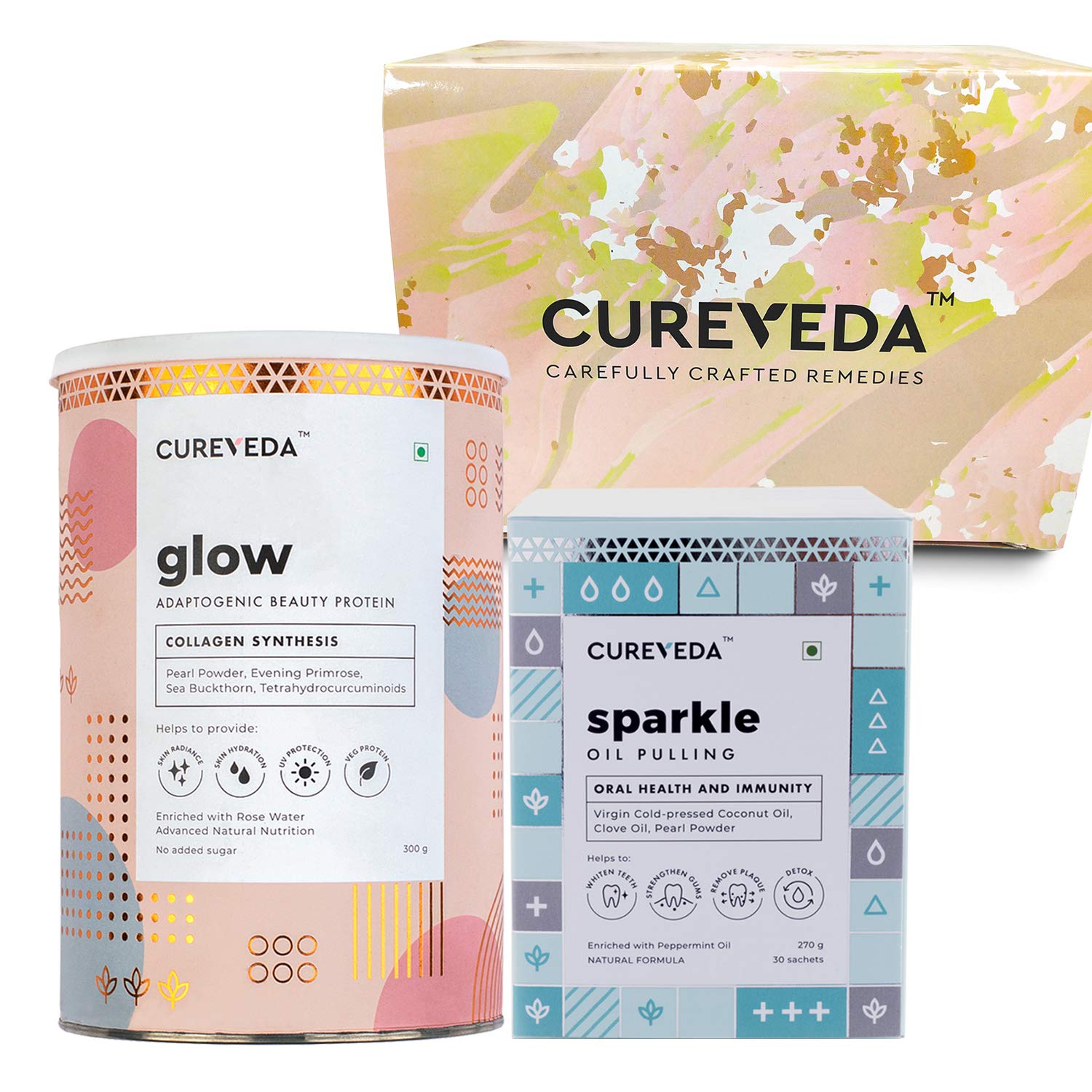 Glow Plant Based Collagen Veg and Natural Beauty Collagen Protein Powder for Men and Women – Pearl powder, Evening Primrose, Vitamin E, Sea Buckthorn, Grape Seed 300 gm and Cureveda Sparkle Diwali Pack