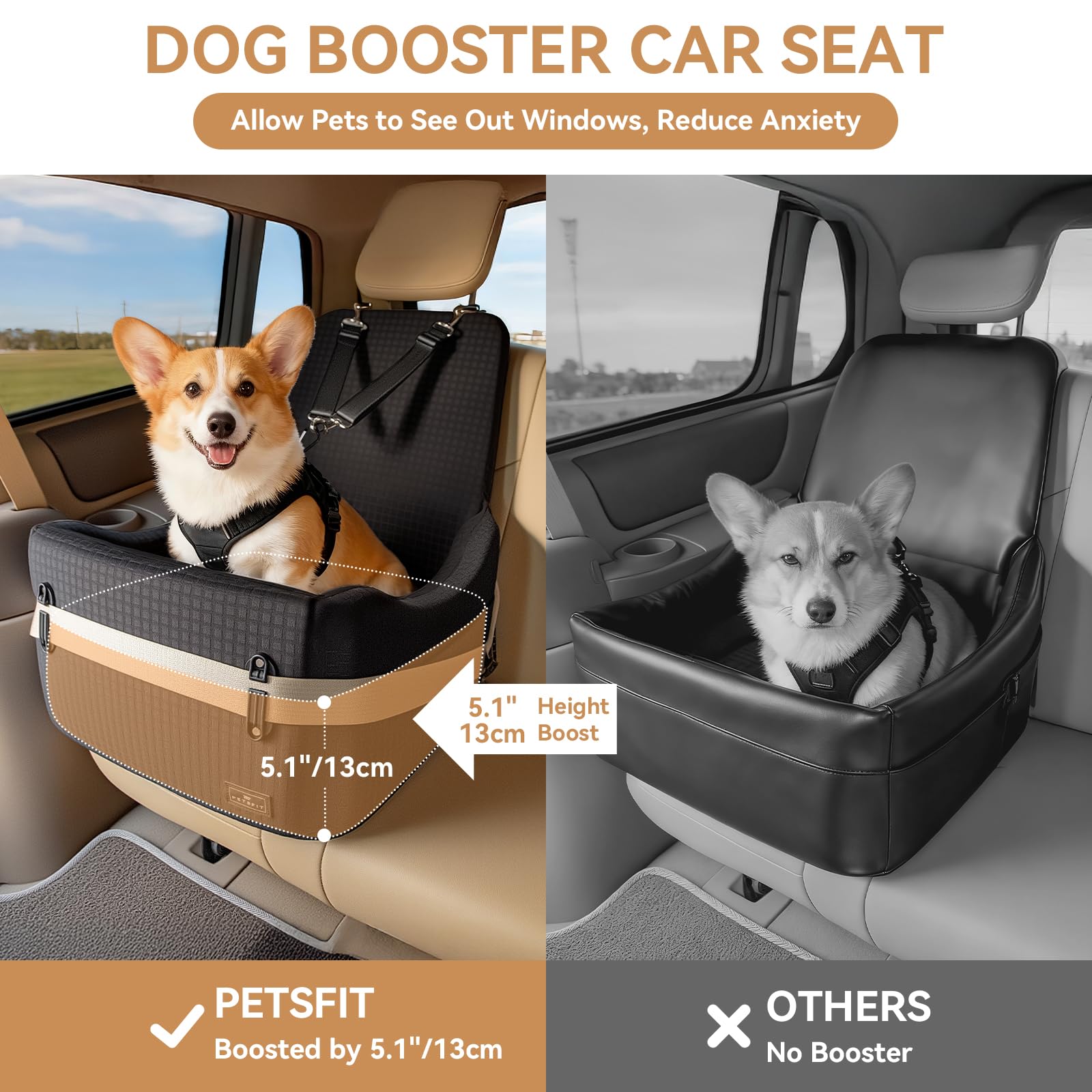 PETSFIT Hundesitz für Auto bis 15 kg – 13cm Memory Foam Booster, Sicherheitsgurt-System, abnehmbarer & waschbarer Bezug, Schwarz