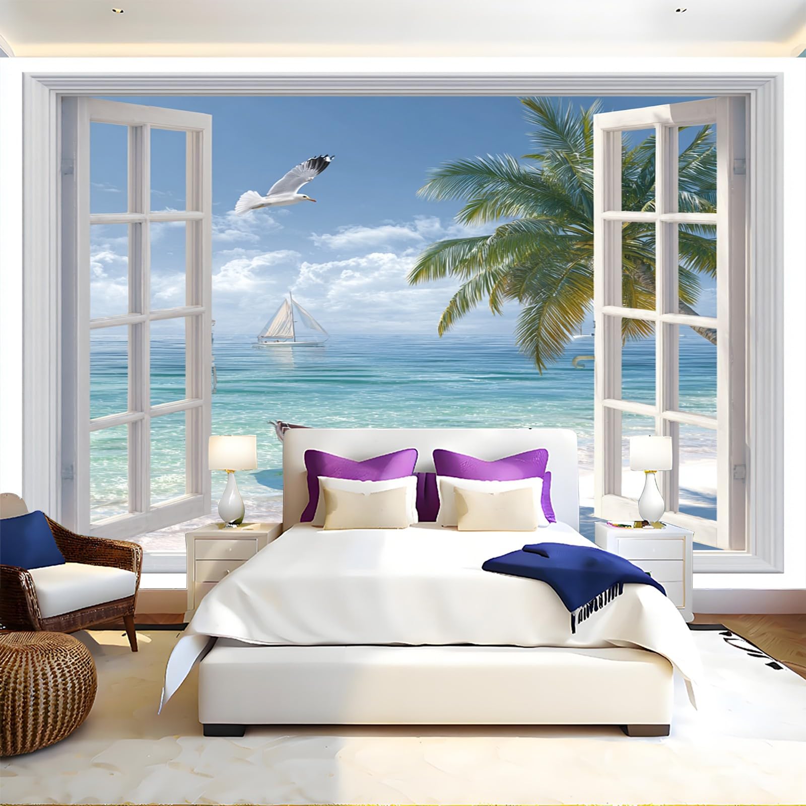 Papier Peint Vue sur Plage depuis Fenêtre pour une Chambre Cosy
