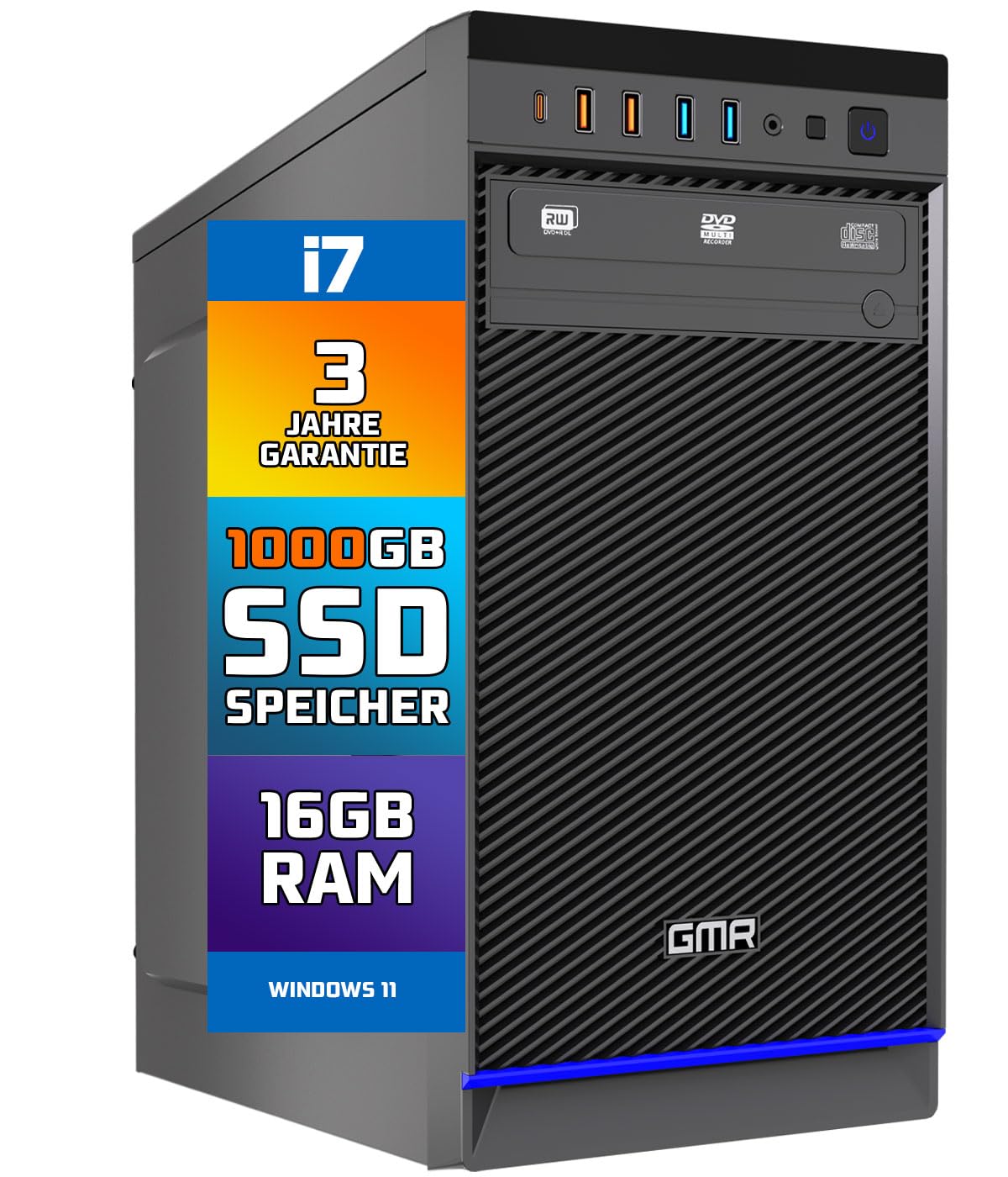 GMR Ultra i7 Office PC - Business Office Computer | 3 Jahre Garantie | 16 GB RAM | 1000GB SSD M.2 | DVD±RW | USB 3 | Windows 11 Pro | WiFi-Bluetooth