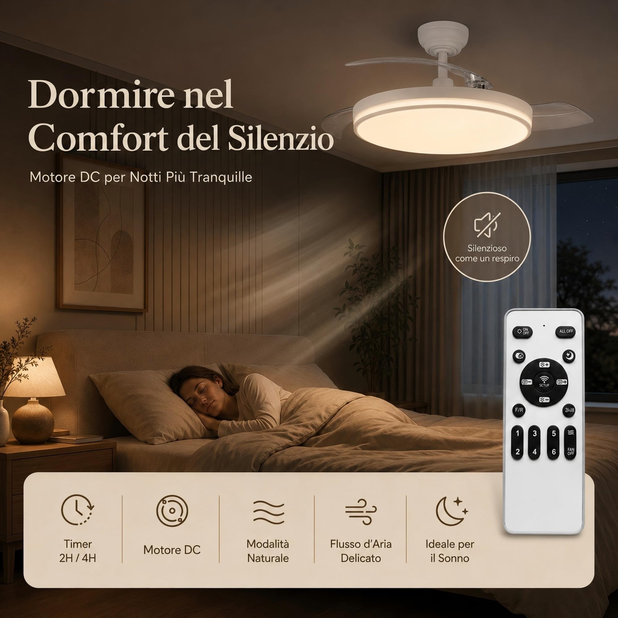 MARSI Ventilatore da Soffitto con Luce e Pale Retrattili 106cm, Lampadario Ventilatore Silenzioso con Telecomando, Motore DC Reversibile, 6 Velocità, LED Dimmerabile, per Camera da Letto e Soggiorno