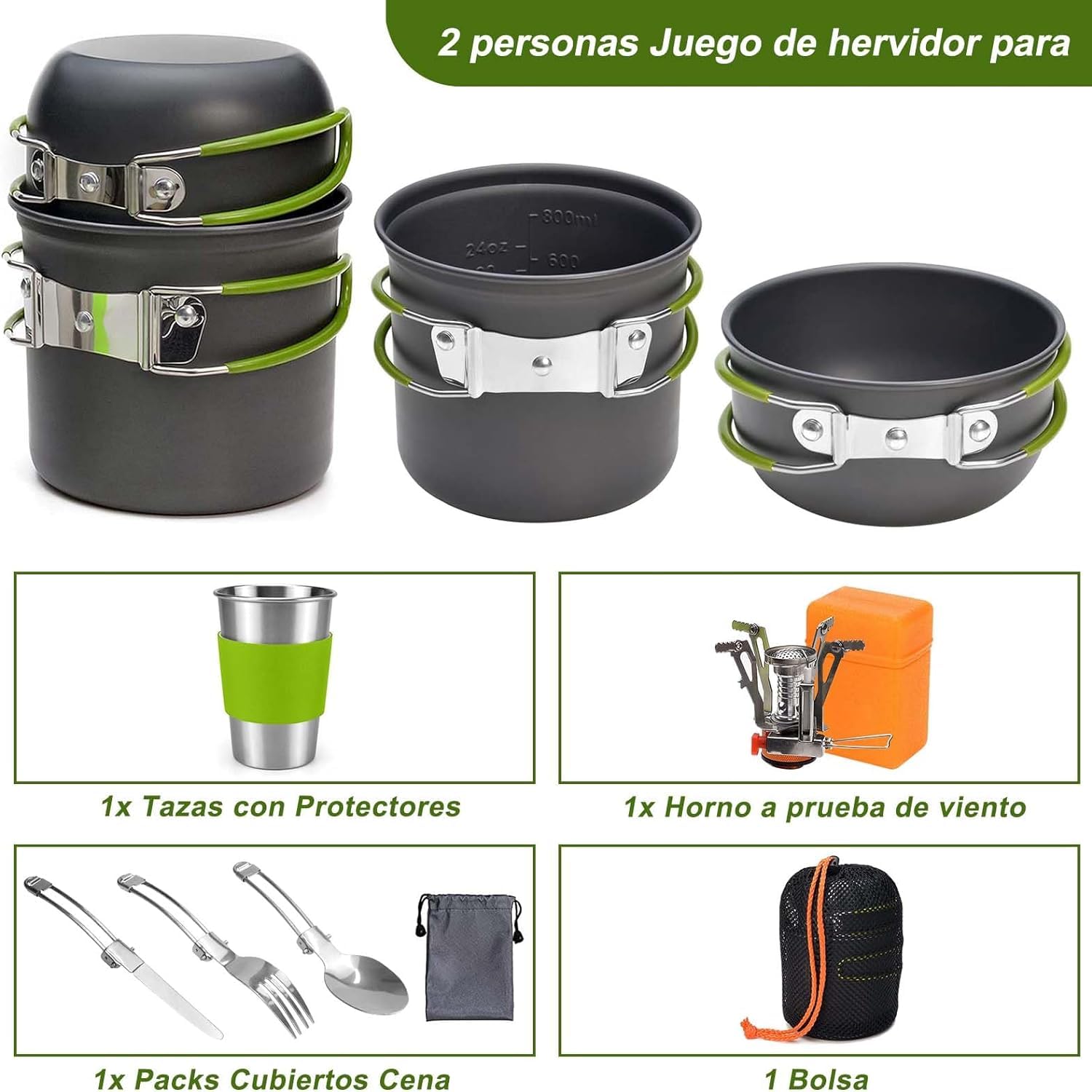 Pentole da Campeggio,9 Pezzi Set di Gavetta Campeggio,Kit Pentole Cucina per Campeggio con Fornello da Campeggio,Tazza,Posate Pieghevoli,Moschettone,Ideale per Picnic Escursioni Pesca Barbecue