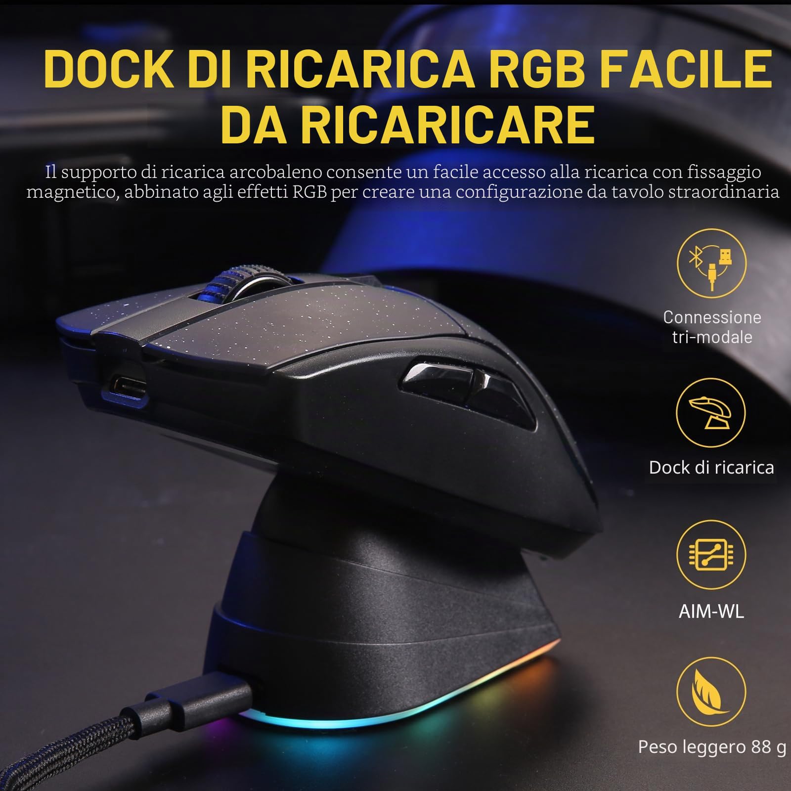DAREU A950 Mouse gaming wireless con base di ricarica RGB, mouse da gioco leggero e programmabile da 88 g con tre modalità, fino a 12.000 DPI, 1.000 Hz, retroilluminazione RGB, ideale per PC e Mac