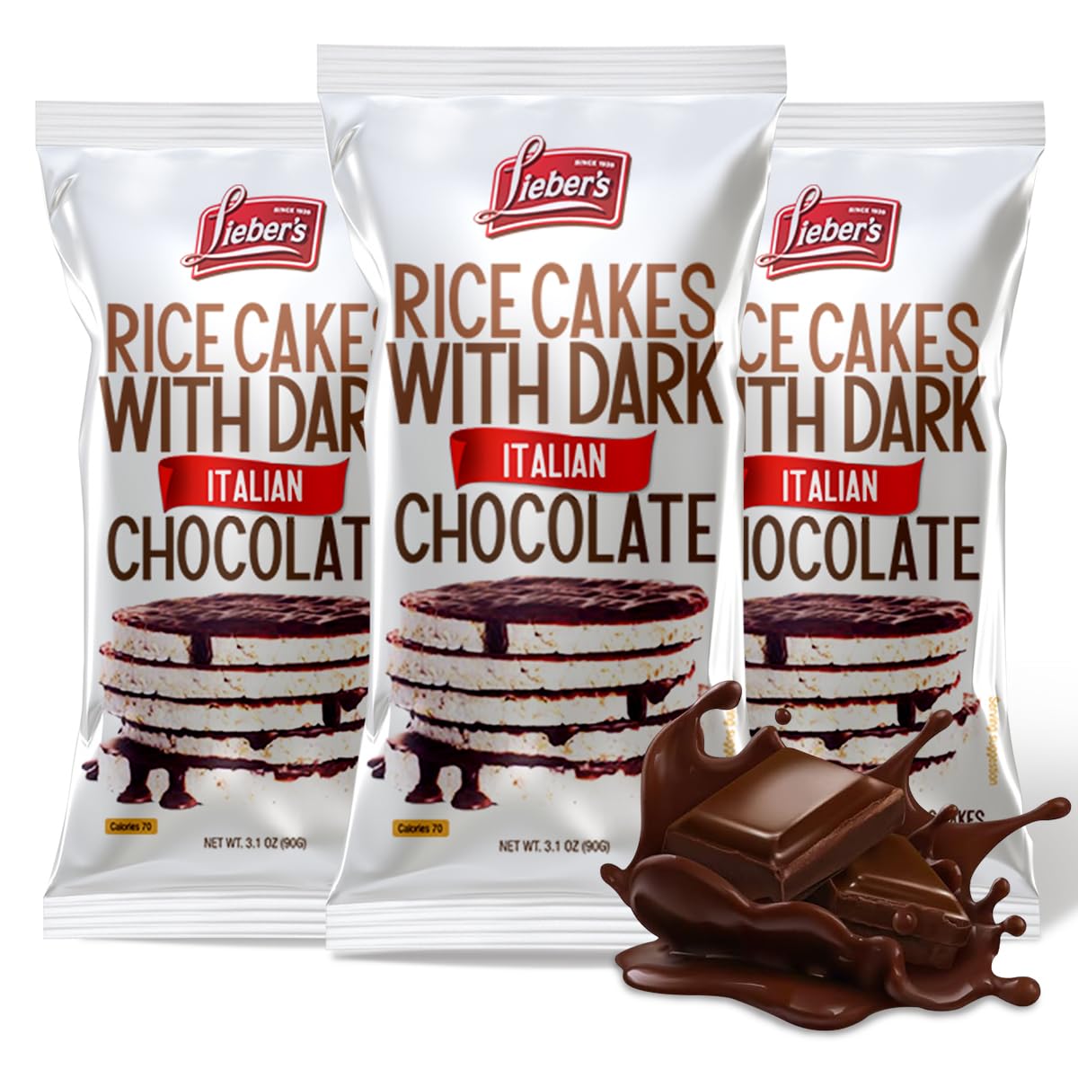LIEBERS Dark Chocolate Rice Cakes - Kosher Dairy-Free, Gluten-Free, Whole Grain Low-Calorie Snacks, Pack of 3