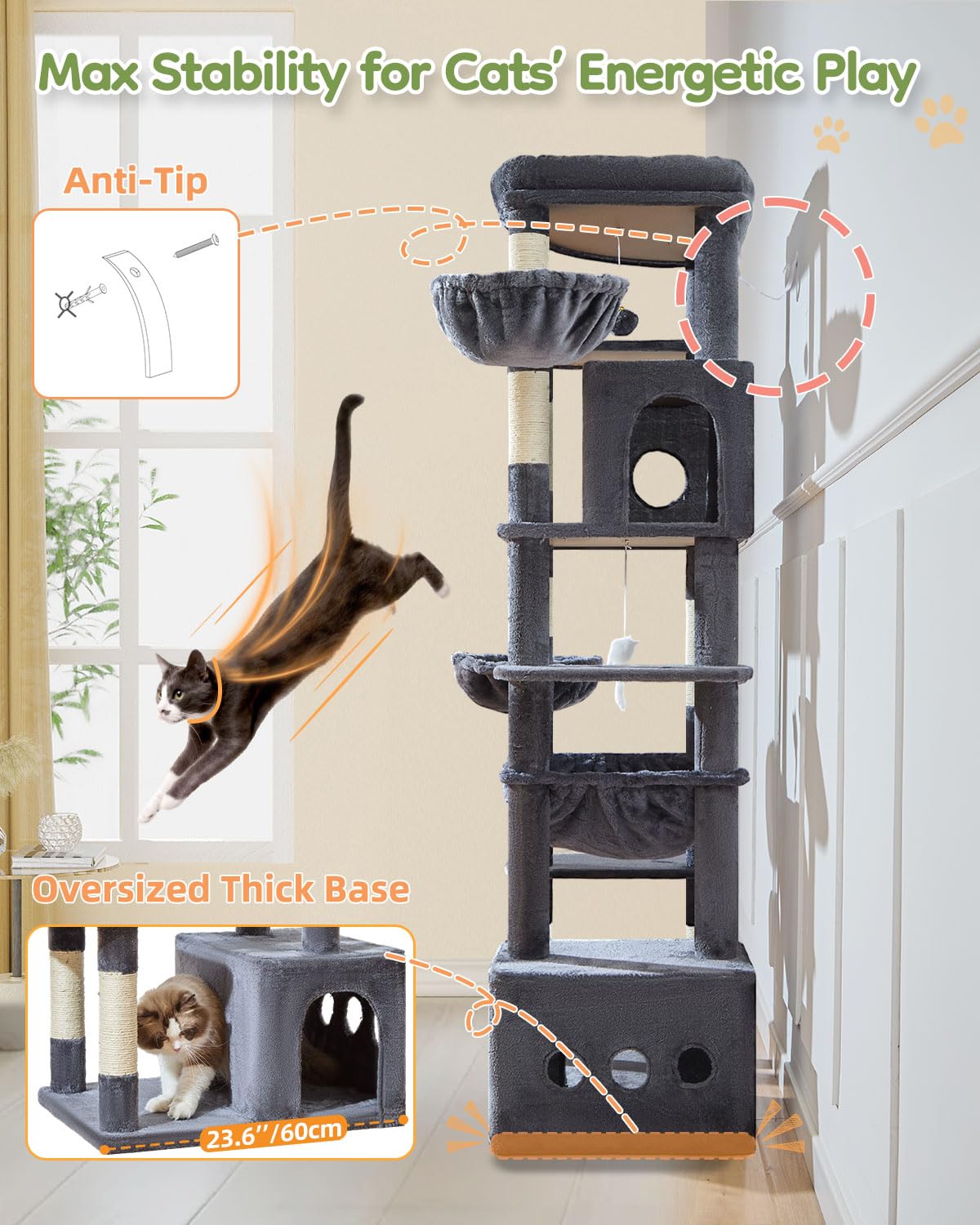 Taoqimiao 72 Inch Cat Tree, XXL Cat Tower for Indoor Cats Large Adult 25Lbs+, Extra-Large Platform, 2 Cat Houses, 7 Scratching Post, Extra-Sized Durable Hammock, Cozy Basket, Smoky Gray, F20G: Smoke Gray