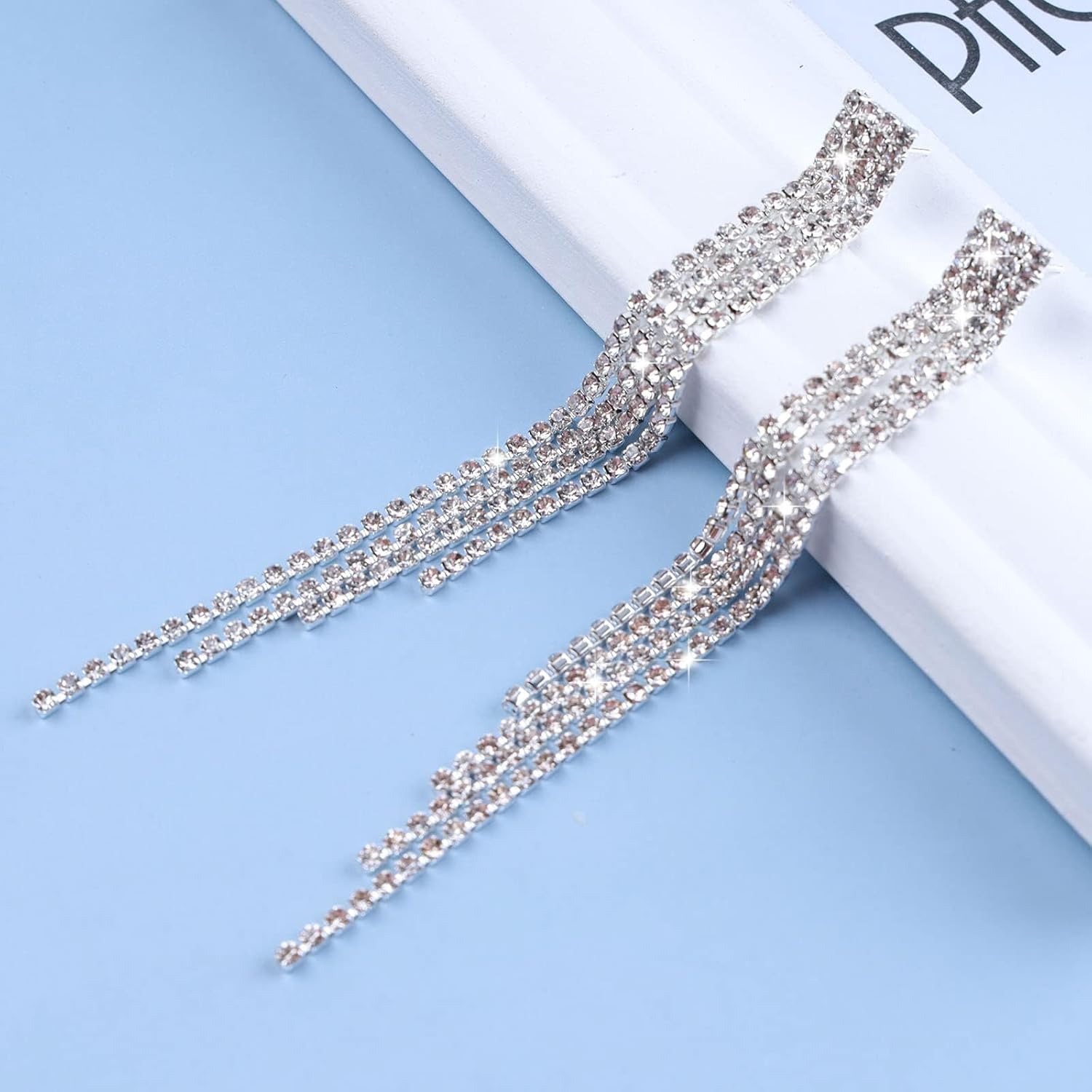 Rhinestone Tassel Earrings Silver Long Rhinestone Chain Earrings Silver Crystal Stud Earrings Long Tennis Chain Earrings Chandeliers Wedding Earrings Jewelry for Women - Image 3