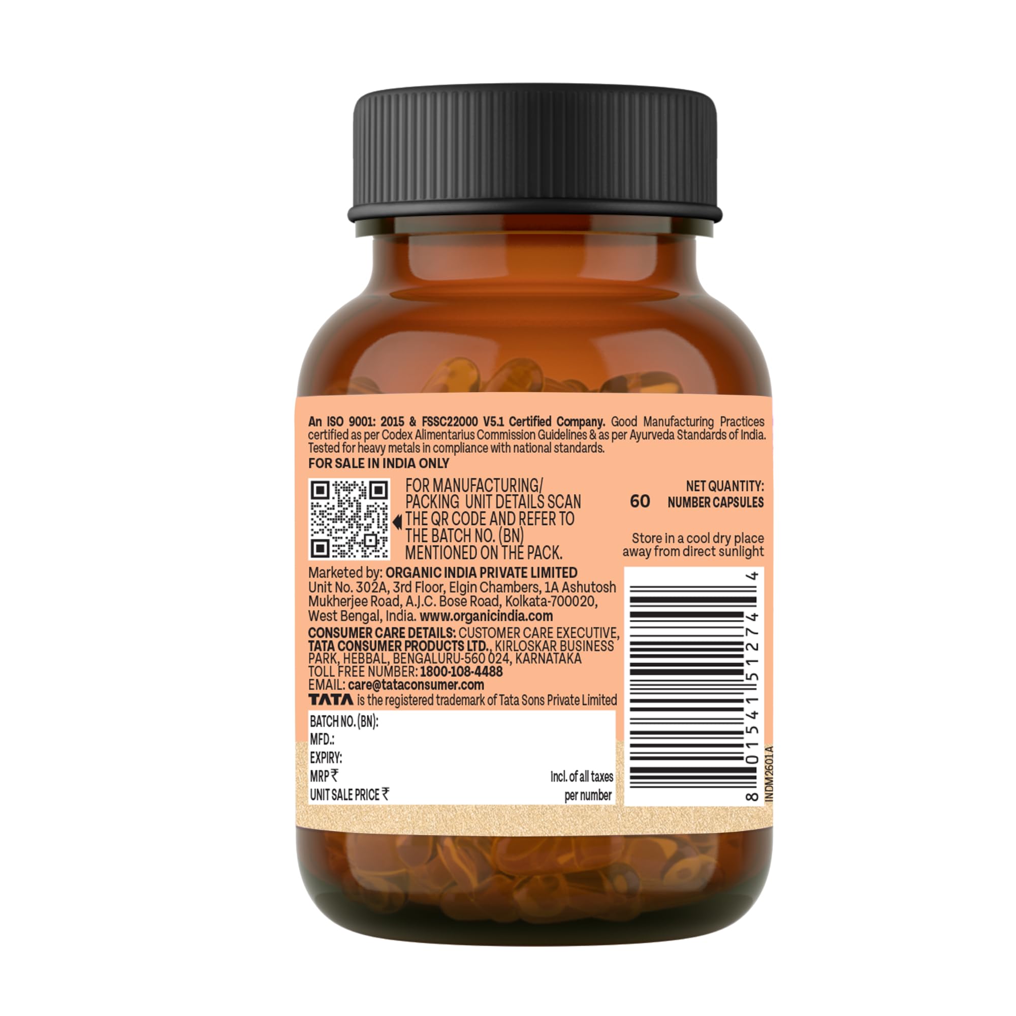 A TATA Product - Organic India Flaxseed Oil - 60 Veg Capsules, Natural Omega-3, Helps Reduce Cholesterol, Supports Healthy Skin, Hair & Nails, Joint Flexibility, GMP & NPOP Certified Organic