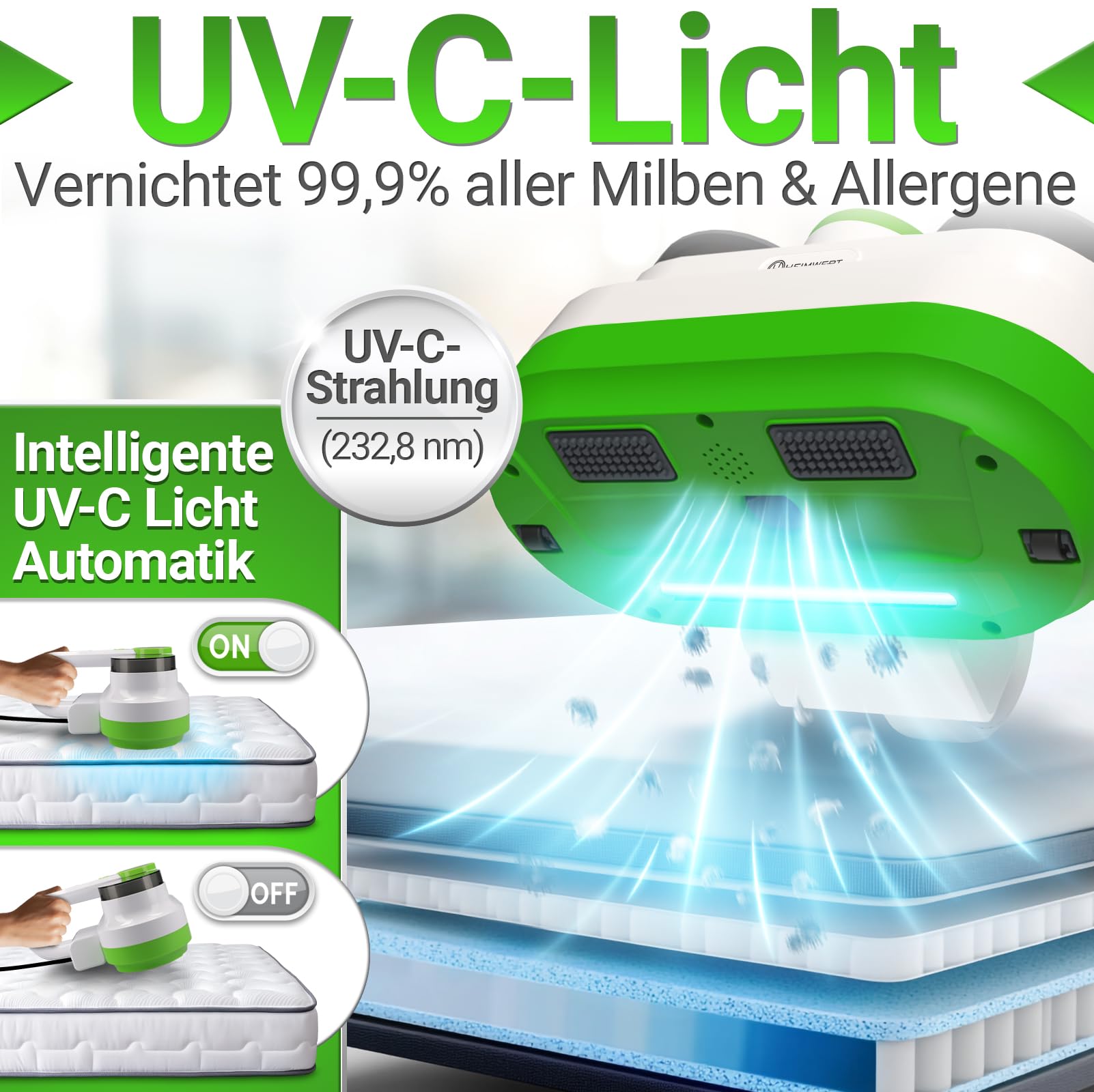 Heimwert – Milbensauger für Matratzen & Polster 99,9% | UV-C Licht & Tiefenvibration | 400W fasertiefe Reinigung mit HEPA-Filter | Matratzenreiniger gegen Milben, Bettwanzen & Allergene (Gerät)
