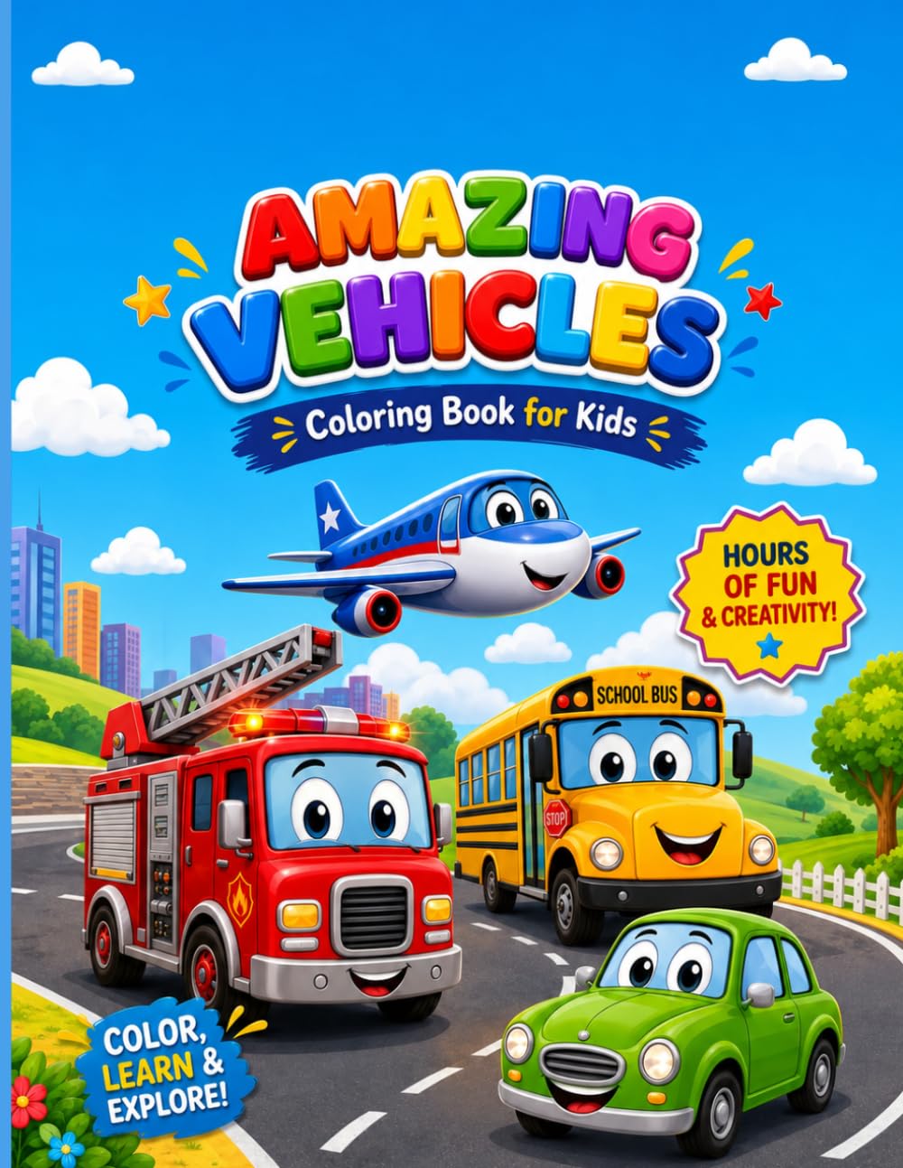 Amazing vehicles: Children will enjoy coloring a variety of exciting vehicles, including airplanes, fire trucks, school buses, trains, cars,