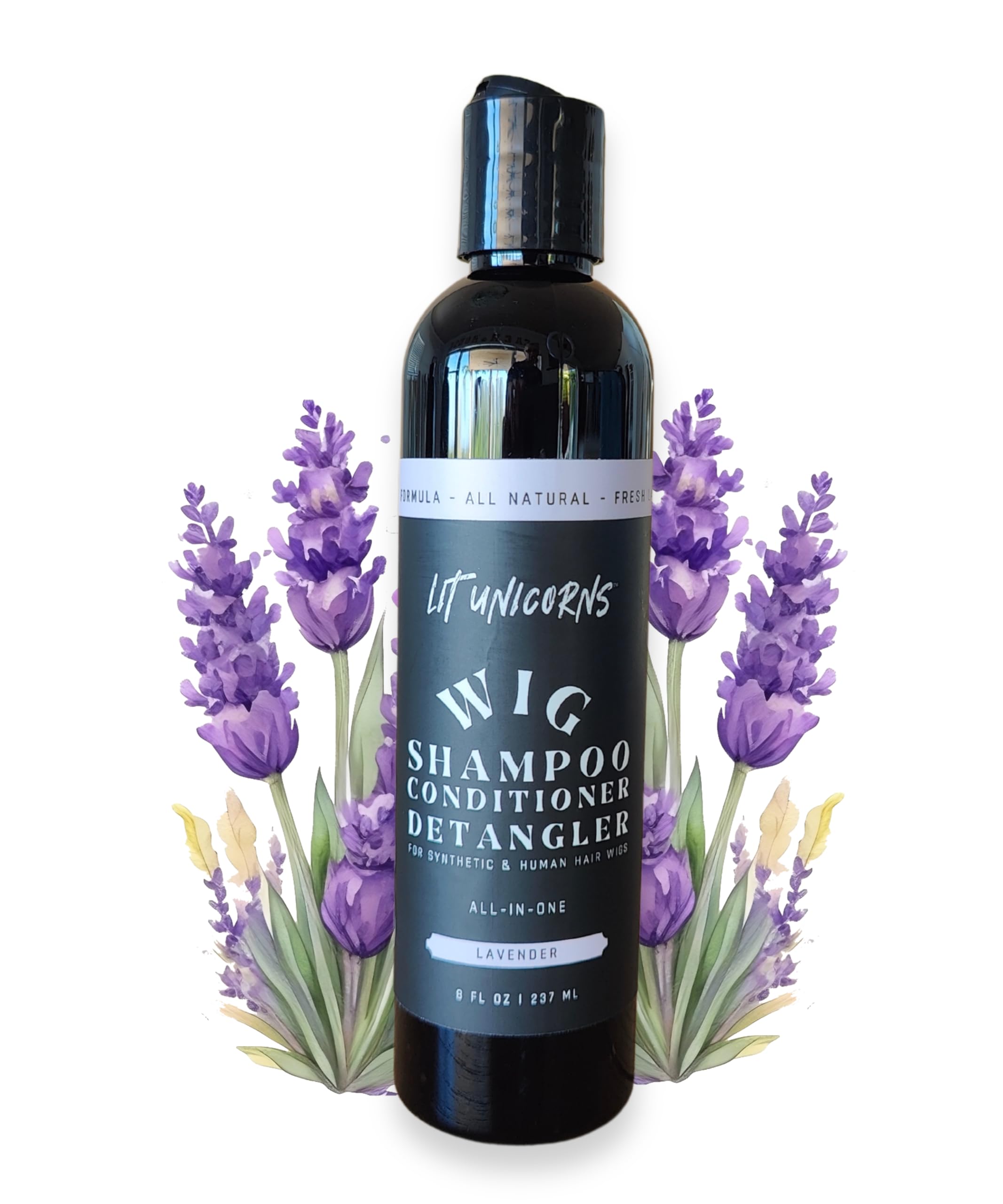 All Natural Wig Shampoo for Human Hair and Synthetic Wigs, Cleanses, Conditions & Detangles, Made In USA, Vegan Fresh Lavender Scent. No parfumes or fragrances