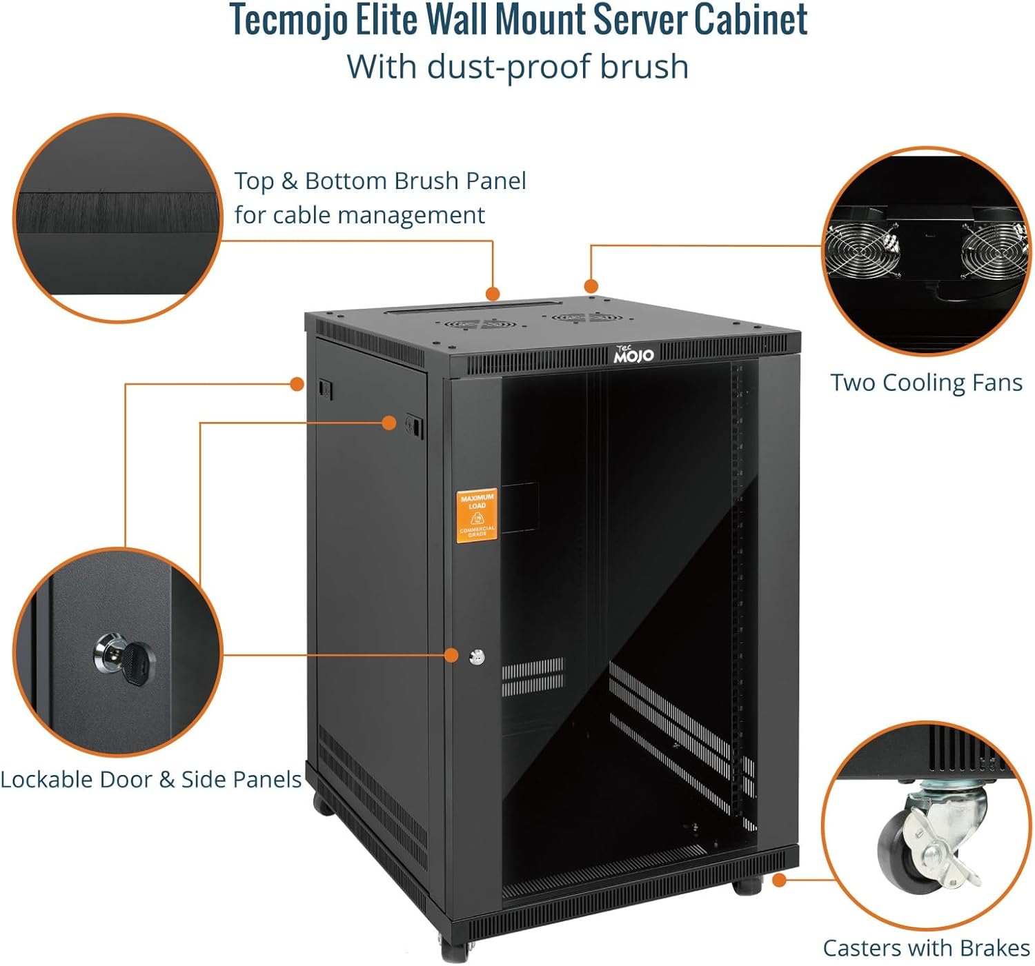 Diagram highlighting key features: top & bottom brush panel, two cooling fans, lockable door & side panels, casters with brakes.