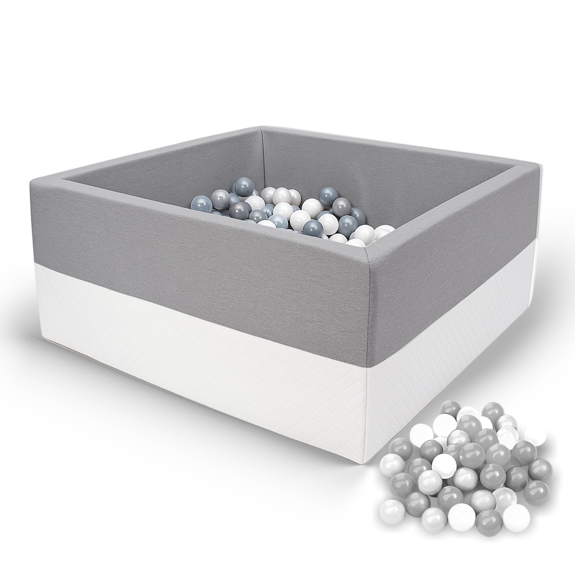 Rainbow Kids - XXL Luxus Bällebad Bällepool Bällebecken Spielbälle Kugelbad Bällchenbad Spielbecken Ball Bällepool (90x90x40 mit 200 Bällen) (Grau-Weiss)