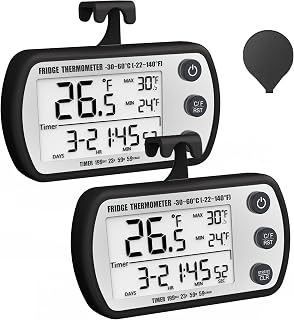 Digital Refrigerator Thermometer 2 Pack, Waterproof Fridge Thermometer, 2.25IN Large Screen Freezer Thermometer, Max/Min Record Function,Timer Function(Black)