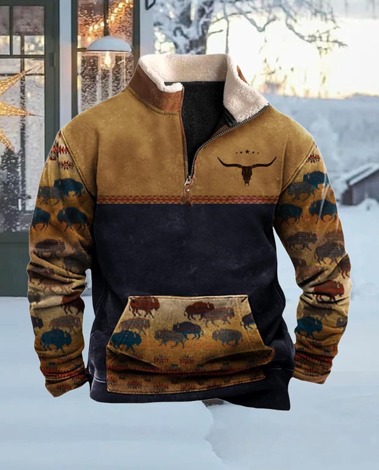 Western Sweatshirts for Men Aztec Cowboy Vintage Graphic Fleece Hoodie Mens Quarter Zip Pullover Country Jacket - Image 4