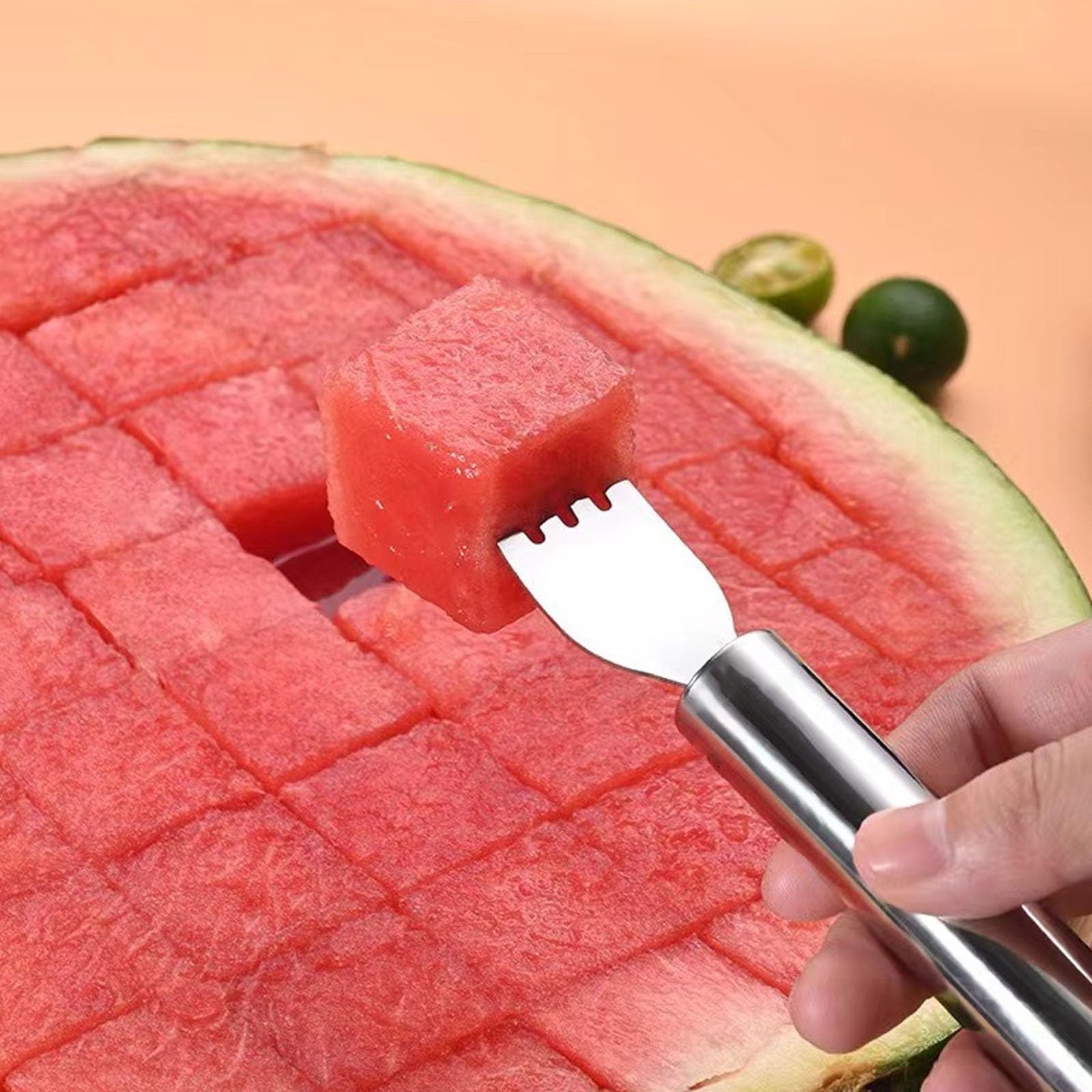 Narzędzie do krojenia arbuza, nóż ze stali nierdzewnej 2 w 1 z widelcem, przenośny gadżet do cięcia melona na grill, imprezę, kemping, do kuchni, idealne kostki do łatwego serwowania