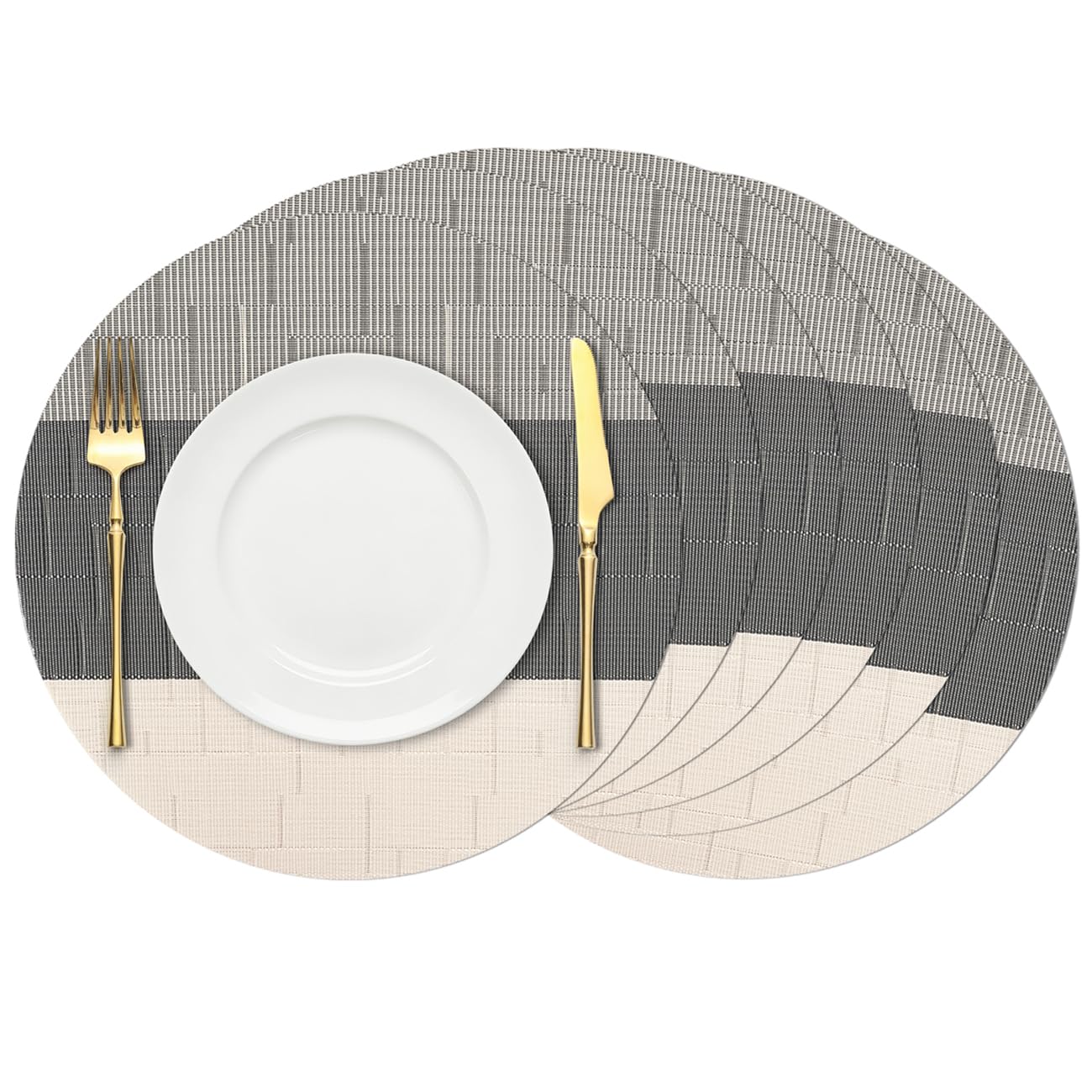 Chitomars Round Placemats Set of 6, 15 Inch Woven Vinyl Heat Resistant Place Mats, Washable Non Slip PVC Table Mats for Kitchen Dining Party Outdoor Table Decor (Beige Dark Grey, 6)