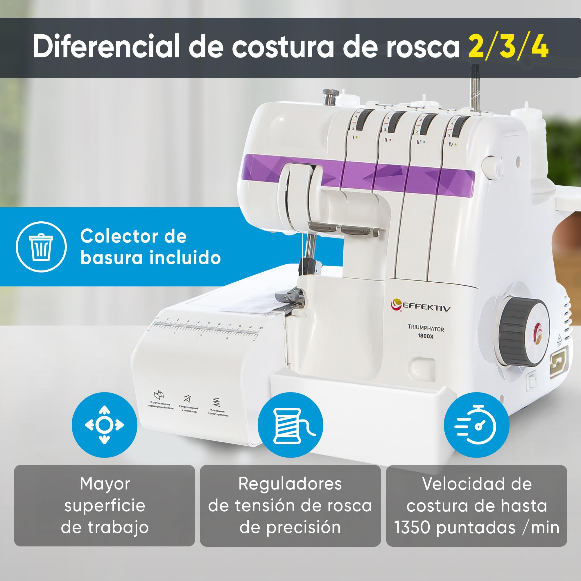 EFFEKTIV Remalladora Overlock 1800X, Máquina Overlock 3/4 Hilos con Diferencial, Enhebrado Automático, 1300 Puntadas/min, Plataforma de Manga