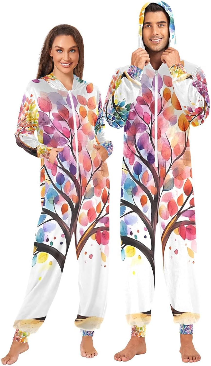 Rainbow Tree Of Life Watercolor Adult Onesie Pajamas for Unisex Novelty One Piece Costume Sleepwear