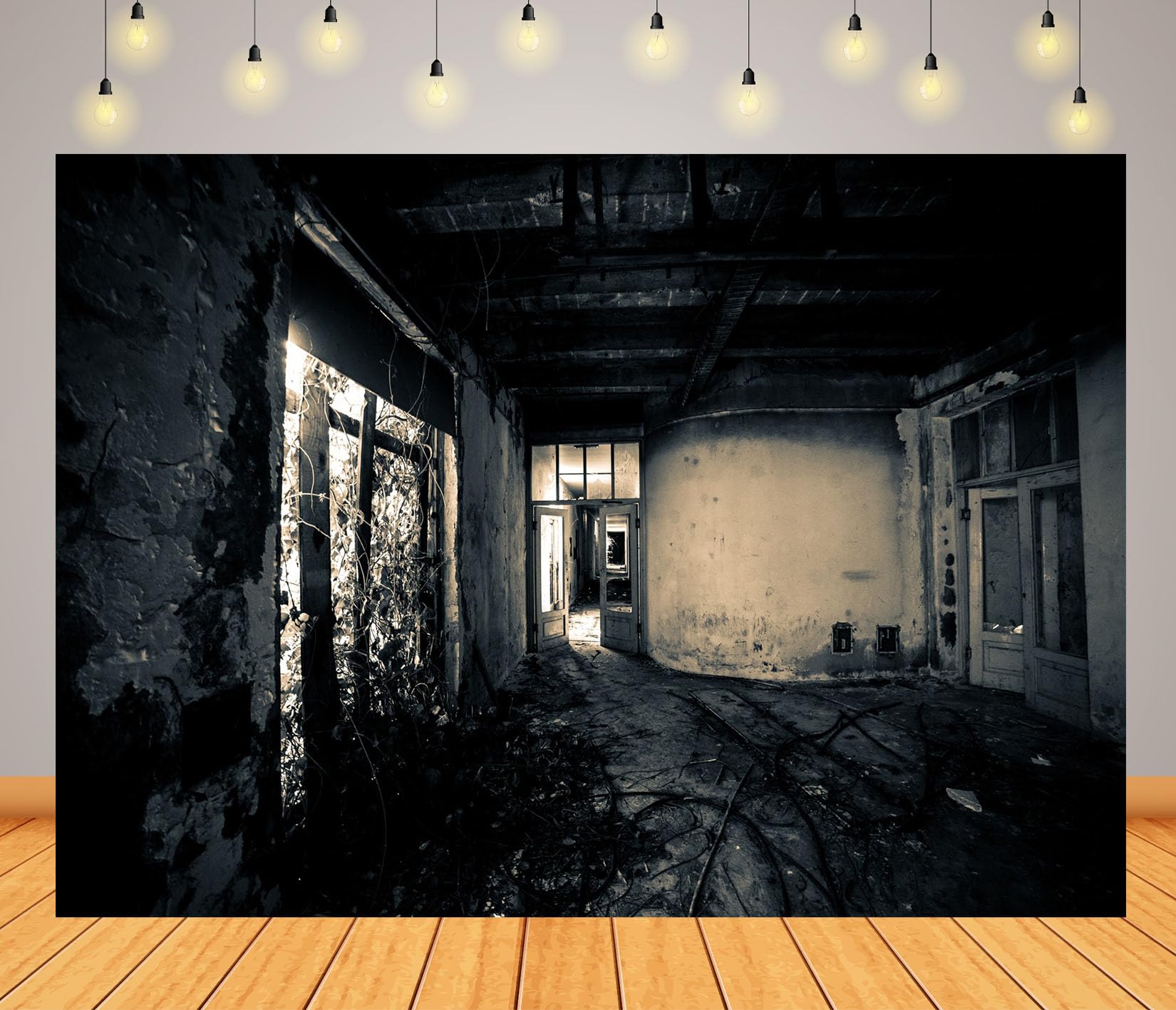 15x8FT (4.6x2.5m) Interno Abbandonato In Bianco E Nero Sfondo Fotografico | Stanza Buia Diroccata Fondale In Tessuto,Pavimento Rotto Pareti Danneggiate,Per Eventi Infestati E Foto Horror,Photo Booth
