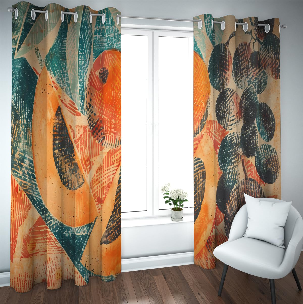 Rideaux occultants abstraits orange et vert x2 | Décoration de chambre B140xH214 cm