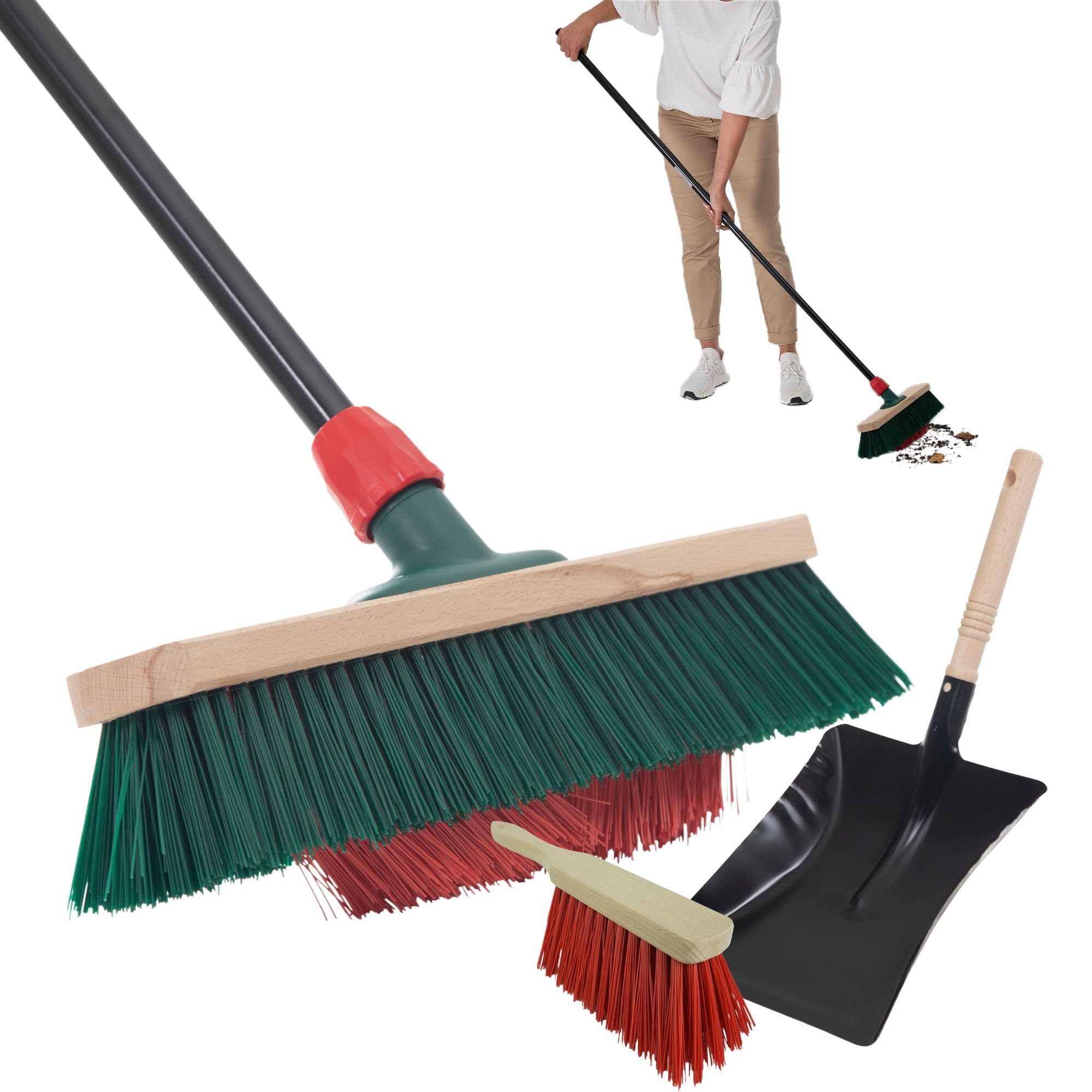 Novaliv Scopa da giardino con manico con setole a V, 40 cm, setole in elaston, con scopa zincata, con bordo in gomma, composta da paletta e scopa a mano, scopa per terrazze, scopa da cortile, scopa