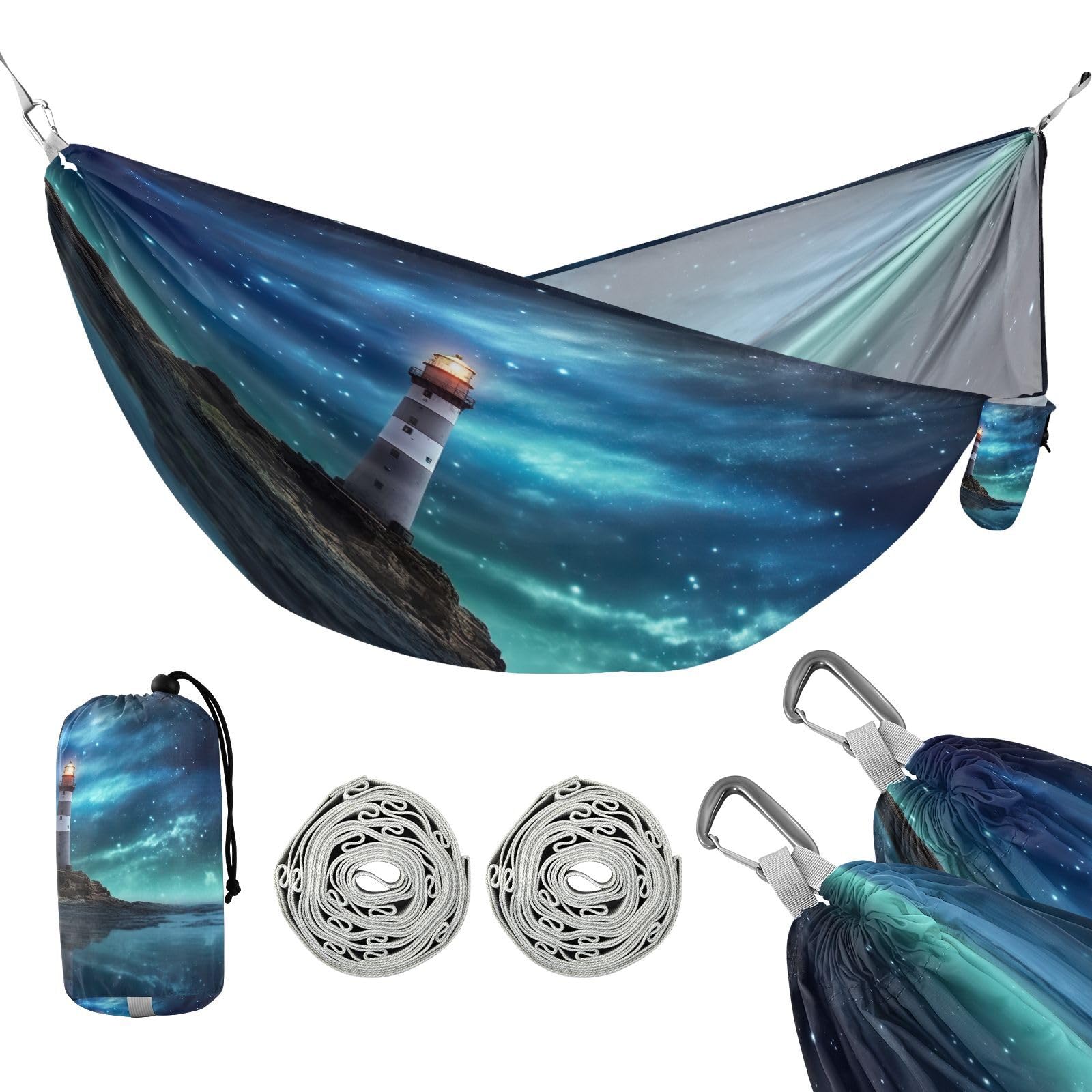 Haskirky Lighthouse Camping Hammock, Single Portable Hammocks with Tree Straps & Attached Carry Bag, 330Lbs Capacity Perfect for Outside Indoor Hiking Beach Backpack Travel