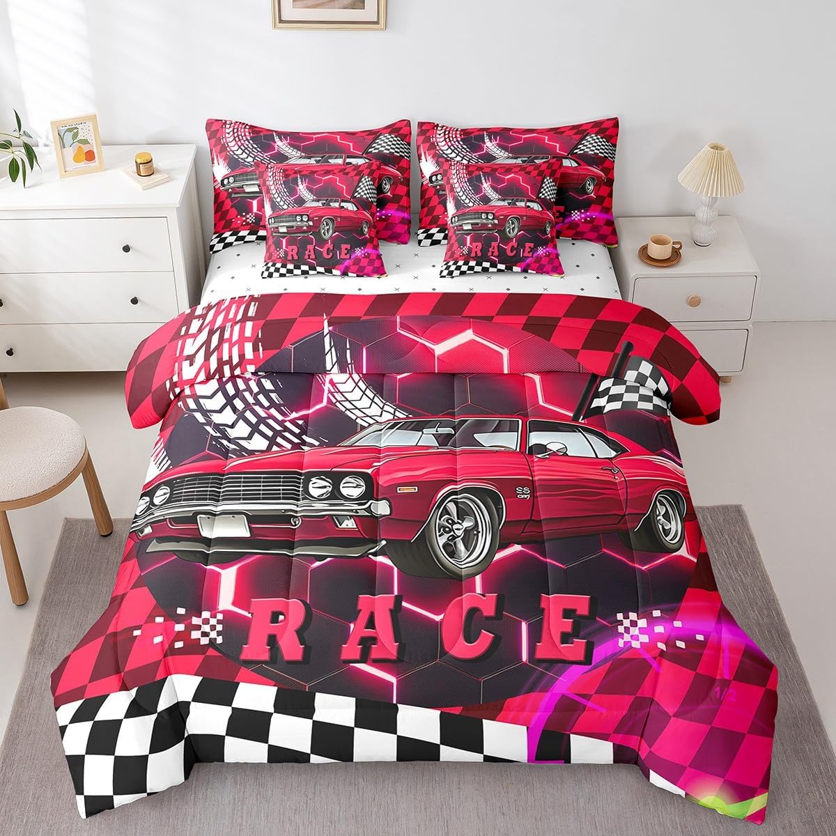 Erosebridal Racing Motorcycle Bedding Sets Orange Neon Lights Honeycomb Bed in a Bag Queen Comforter Set 7 Piece Dirt Bike Motocross Sheet Set with Comforter Geometric Hexagon Beehive Bed Set